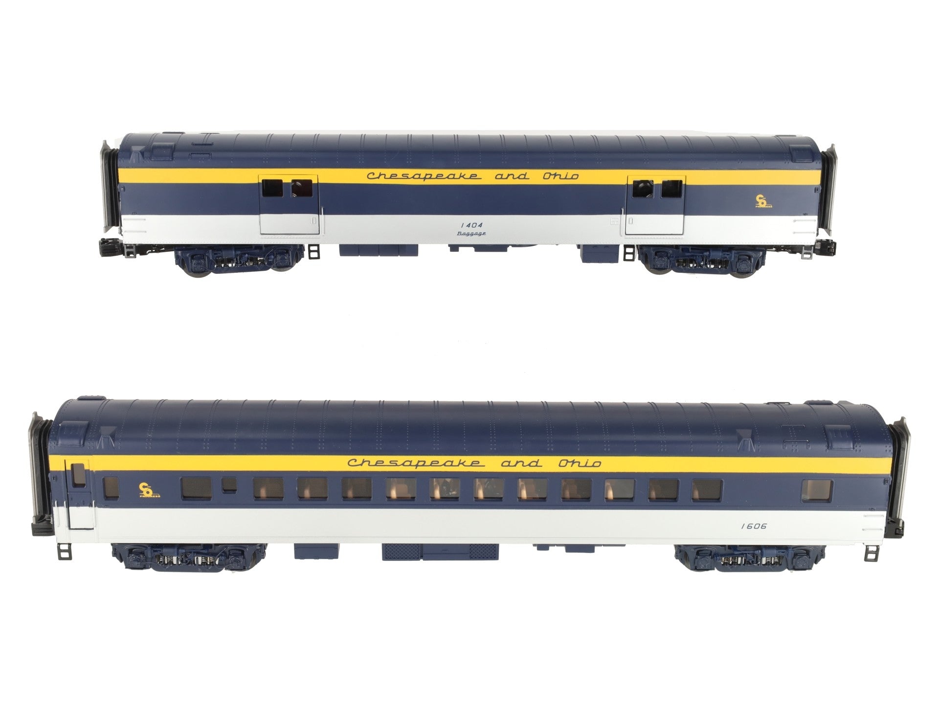MTH 20-64035 O Gauge Chesapeake & Ohio 70' Streamlined Baggage/Coach 2-Car Set LN/Box
