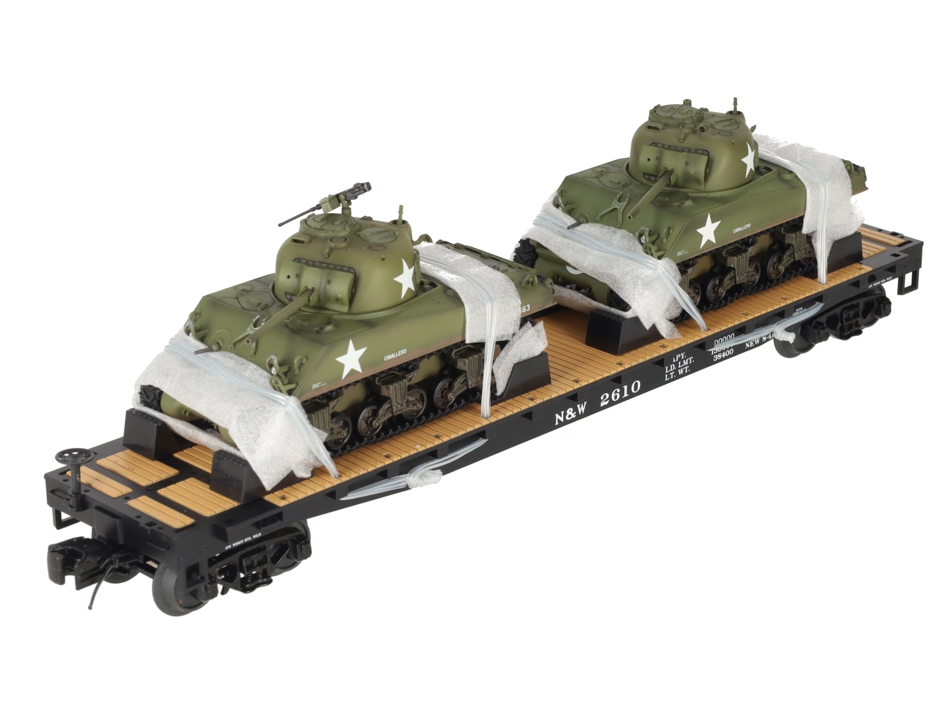 MTH 20-98638 O Norfolk & Western Flat Car with 2 Sherman Tanks EX/Box