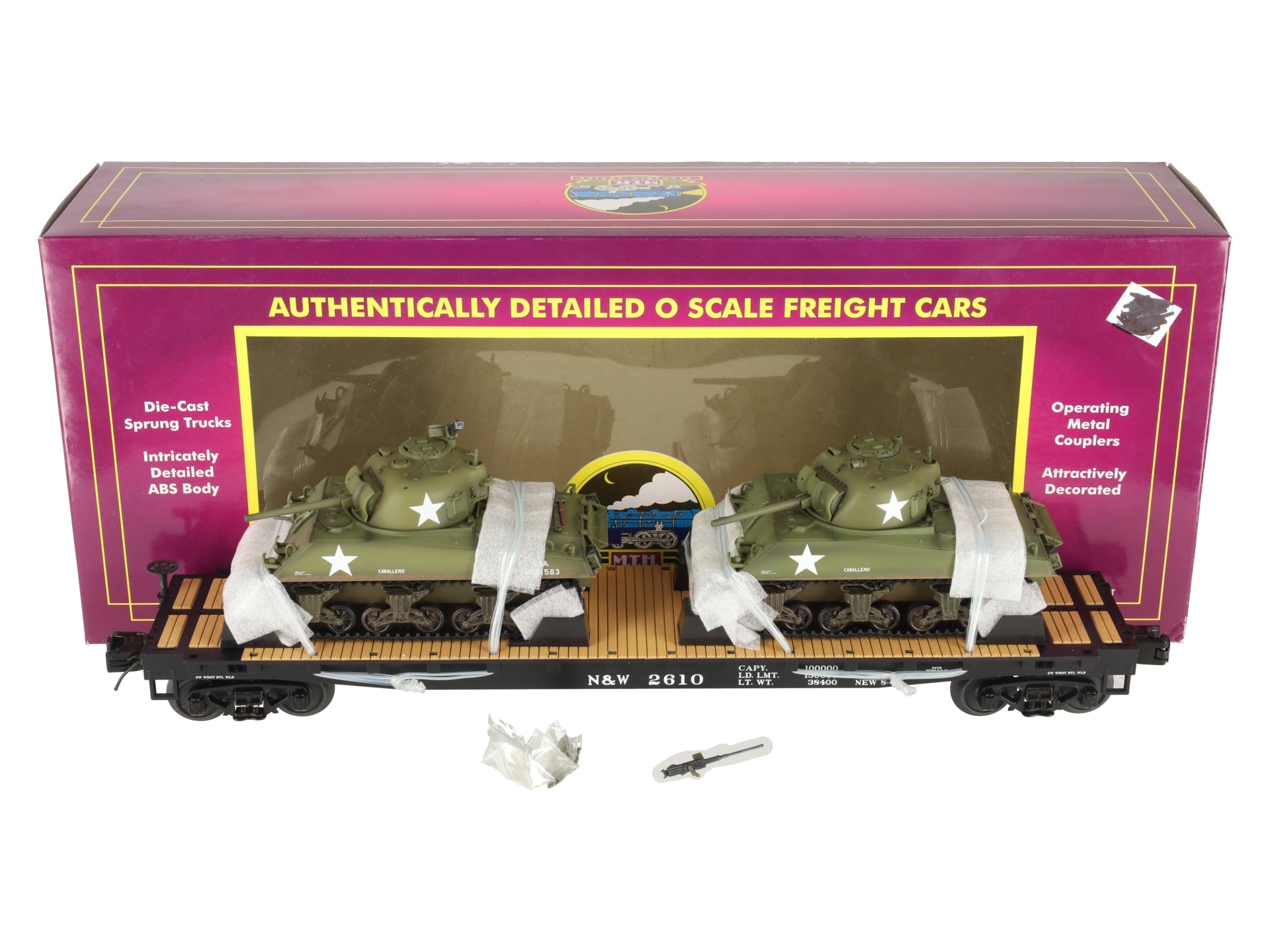 MTH 20-98638 O Norfolk & Western Flat Car with 2 Sherman Tanks EX/Box
