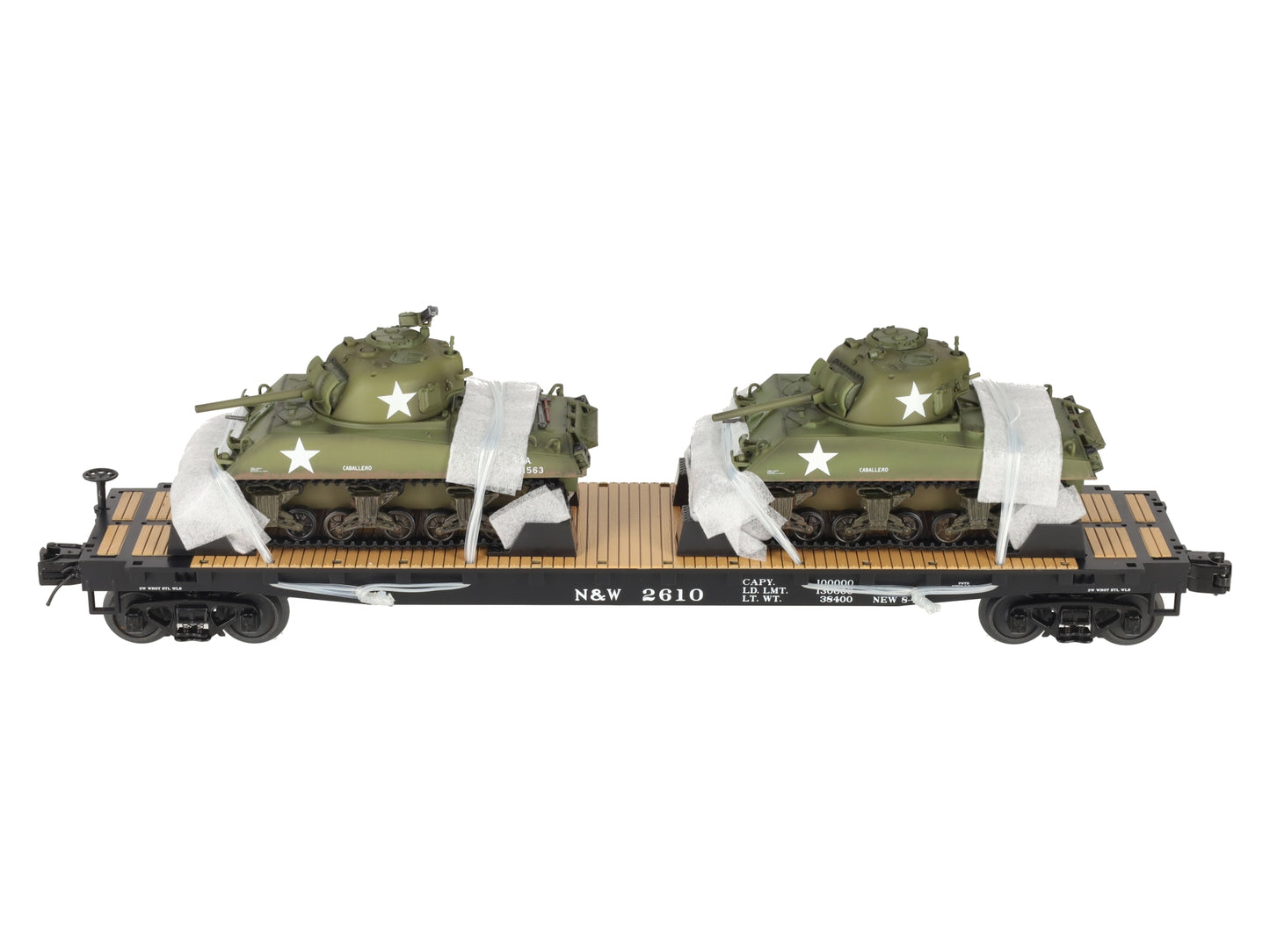 MTH 20-98638 O Norfolk & Western Flat Car with 2 Sherman Tanks EX/Box