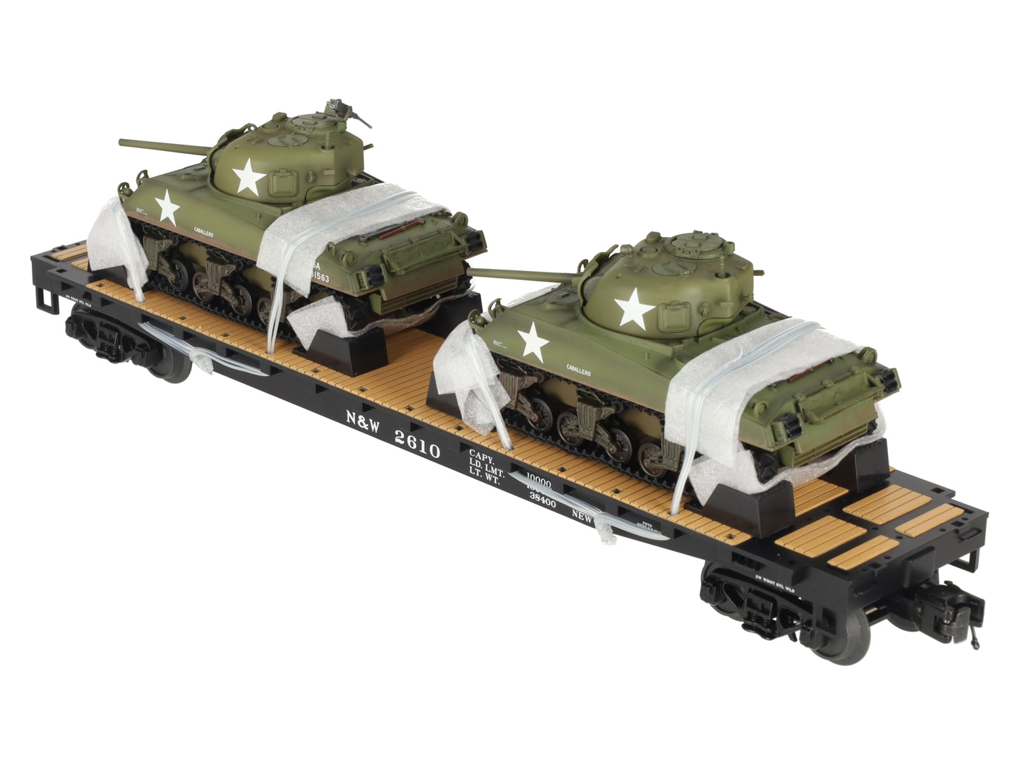 MTH 20-98638 O Norfolk & Western Flat Car with 2 Sherman Tanks EX/Box
