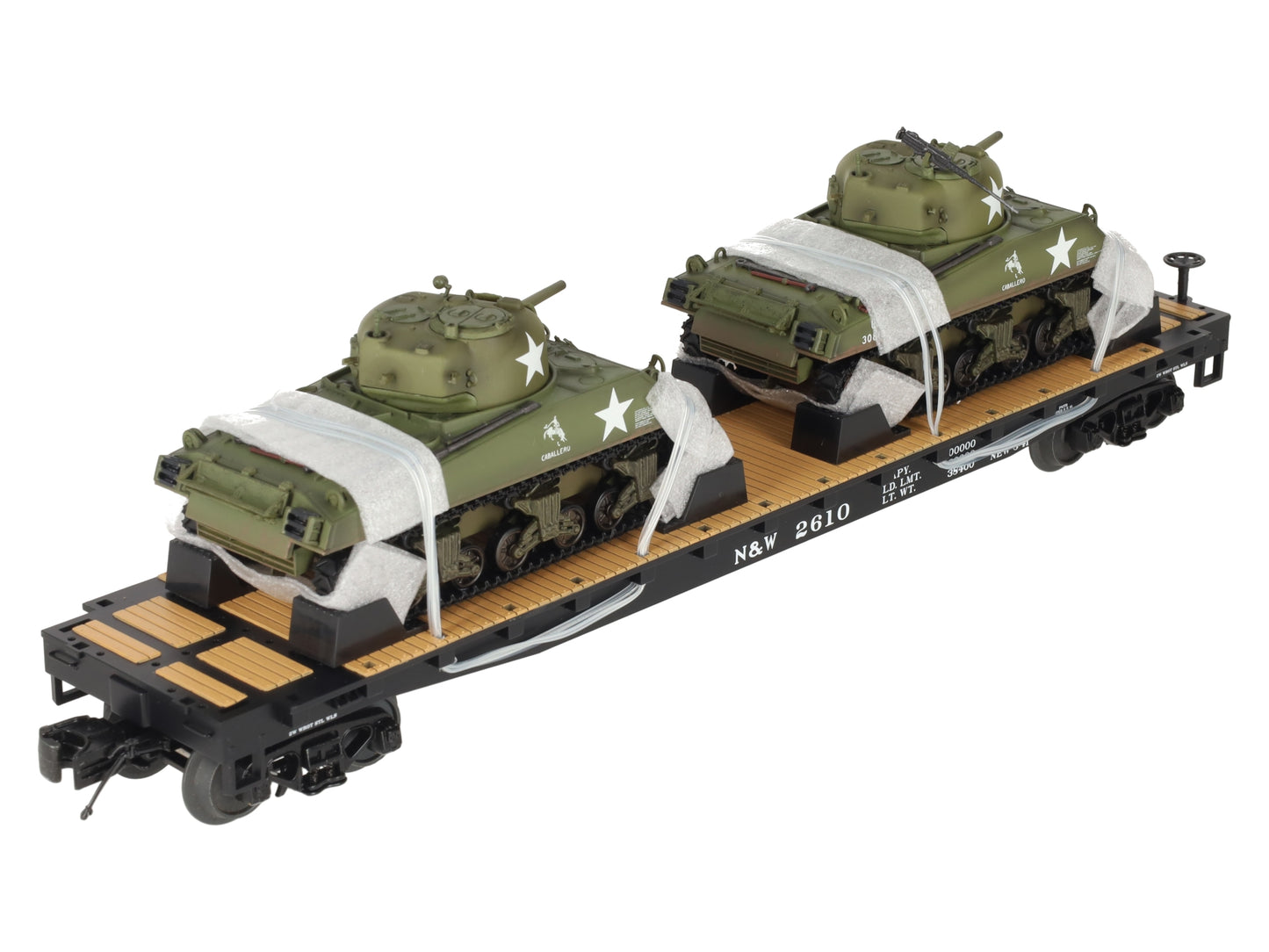 MTH 20-98638 O Norfolk & Western Flat Car with 2 Sherman Tanks EX/Box