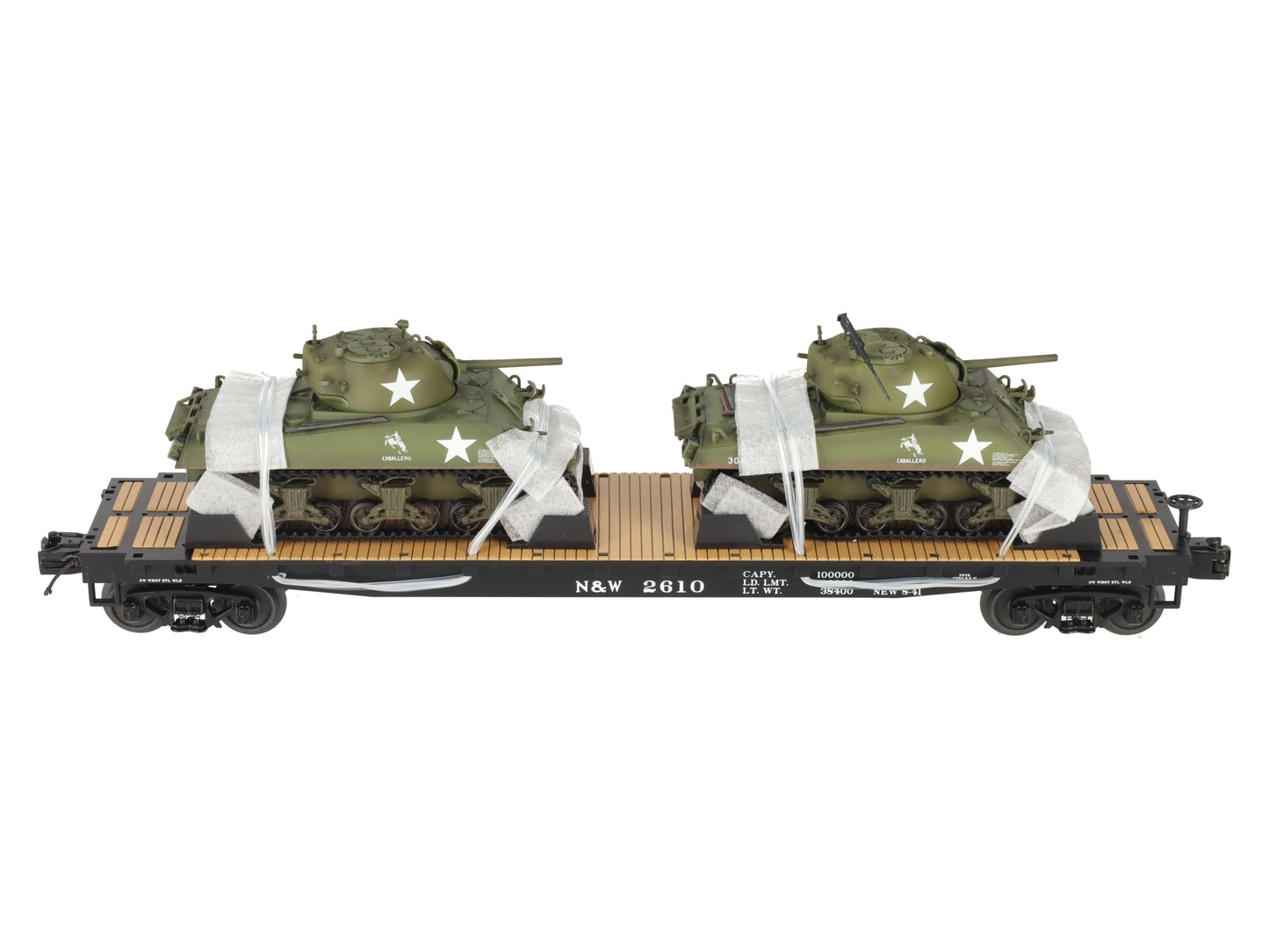 MTH 20-98638 O Norfolk & Western Flat Car with 2 Sherman Tanks