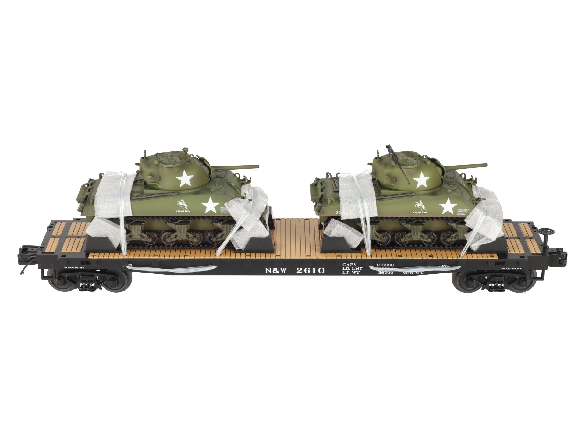 MTH 20-98638 O Norfolk & Western Flat Car with 2 Sherman Tanks