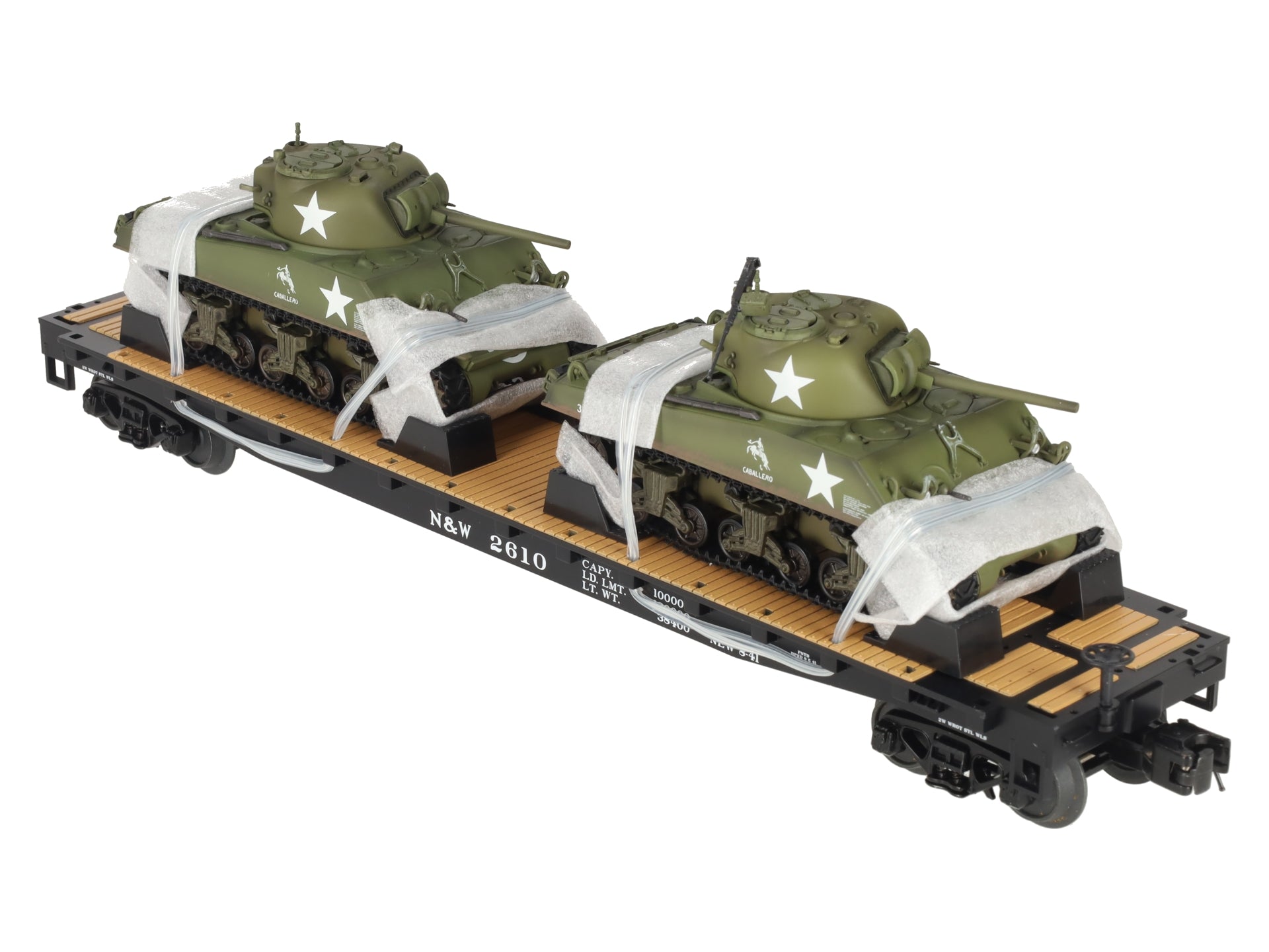 MTH 20-98638 O Norfolk & Western Flat Car with 2 Sherman Tanks EX/Box
