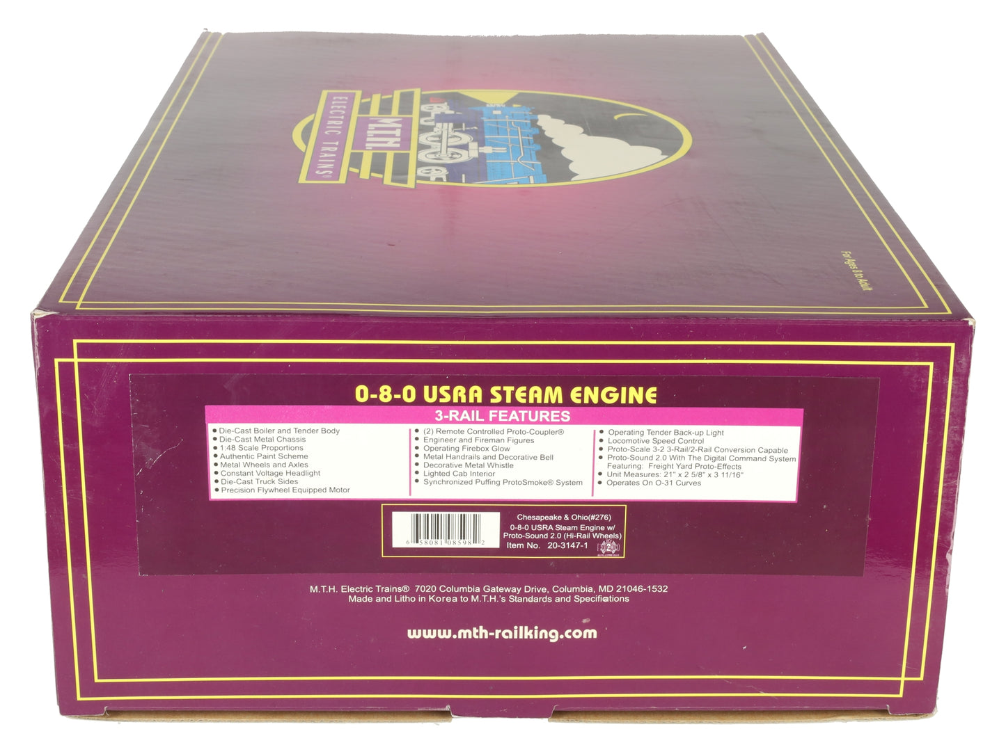 MTH 20-3147-1 O Gauge Chesapeake & Ohio 0-8-0 Steam Engine w/PS2 #276 EX/Box