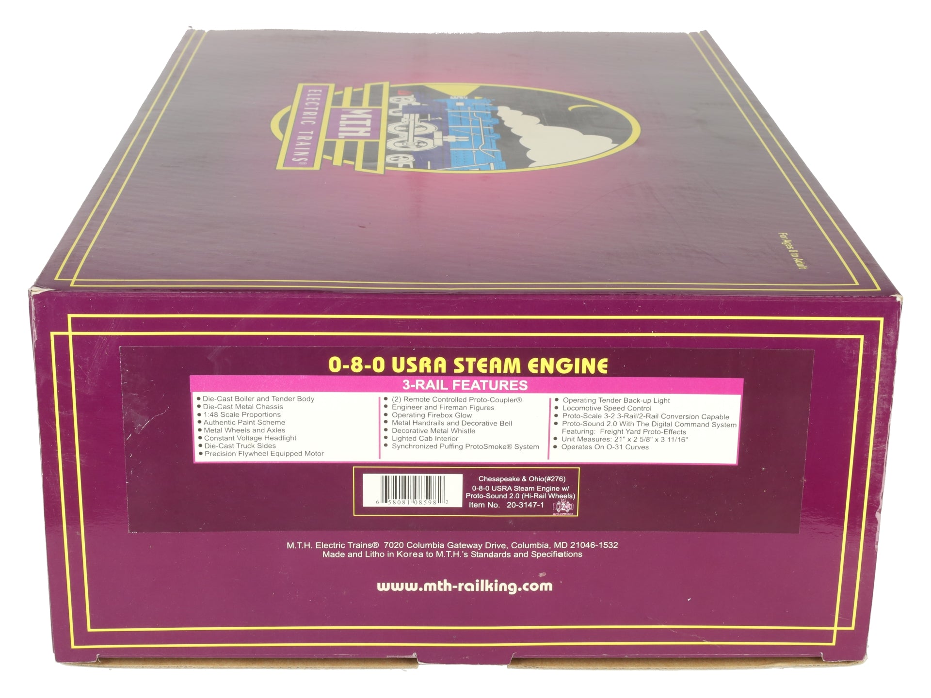 MTH 20-3147-1 O Gauge Chesapeake & Ohio 0-8-0 Steam Engine w/PS2 #276 EX/Box