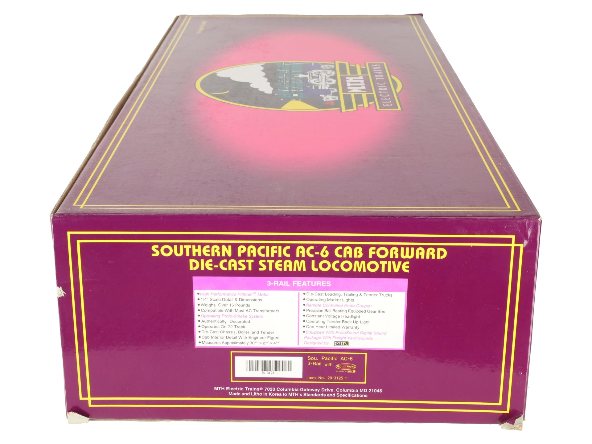 MTH 20-3125-1 O Southern Pacific AC-6 Cab-Forward Steam Engine & Tender w/PS1 EX/Box