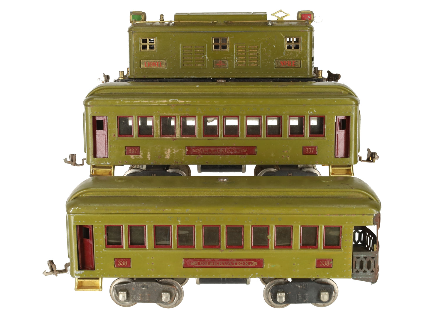 Lionel 8E Vintage Standard Olive 0-4-0 Electric Loco w/ Passenger Cars 337 & 338 VG