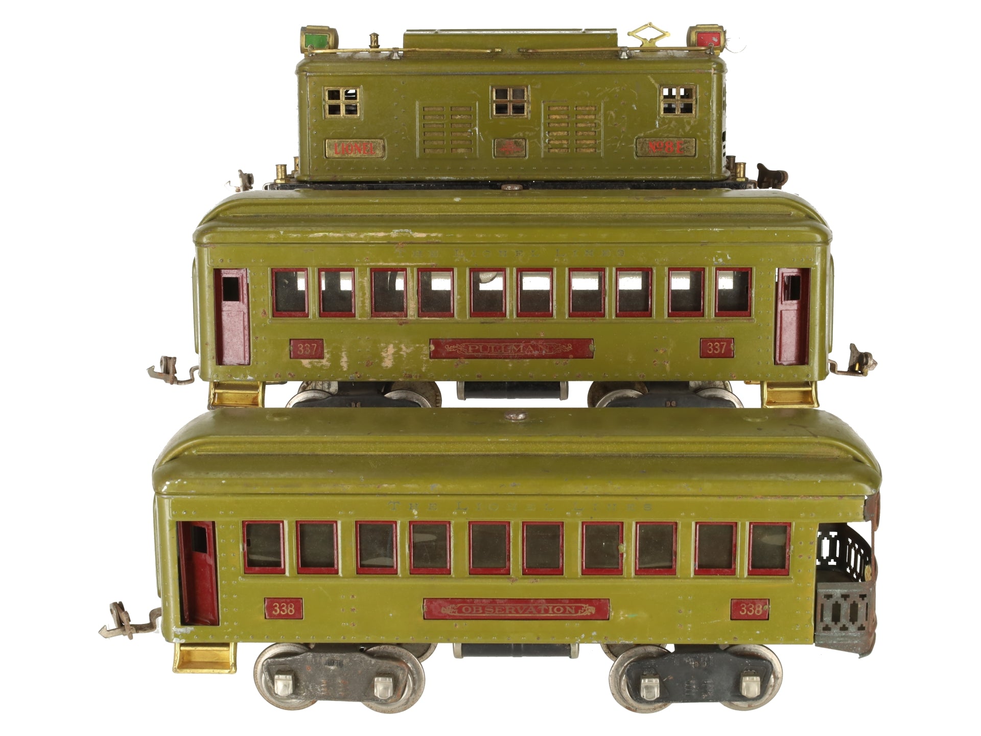 Lionel 8E Vintage Standard Olive 0-4-0 Electric Loco w/ Passenger Cars 337 & 338 VG