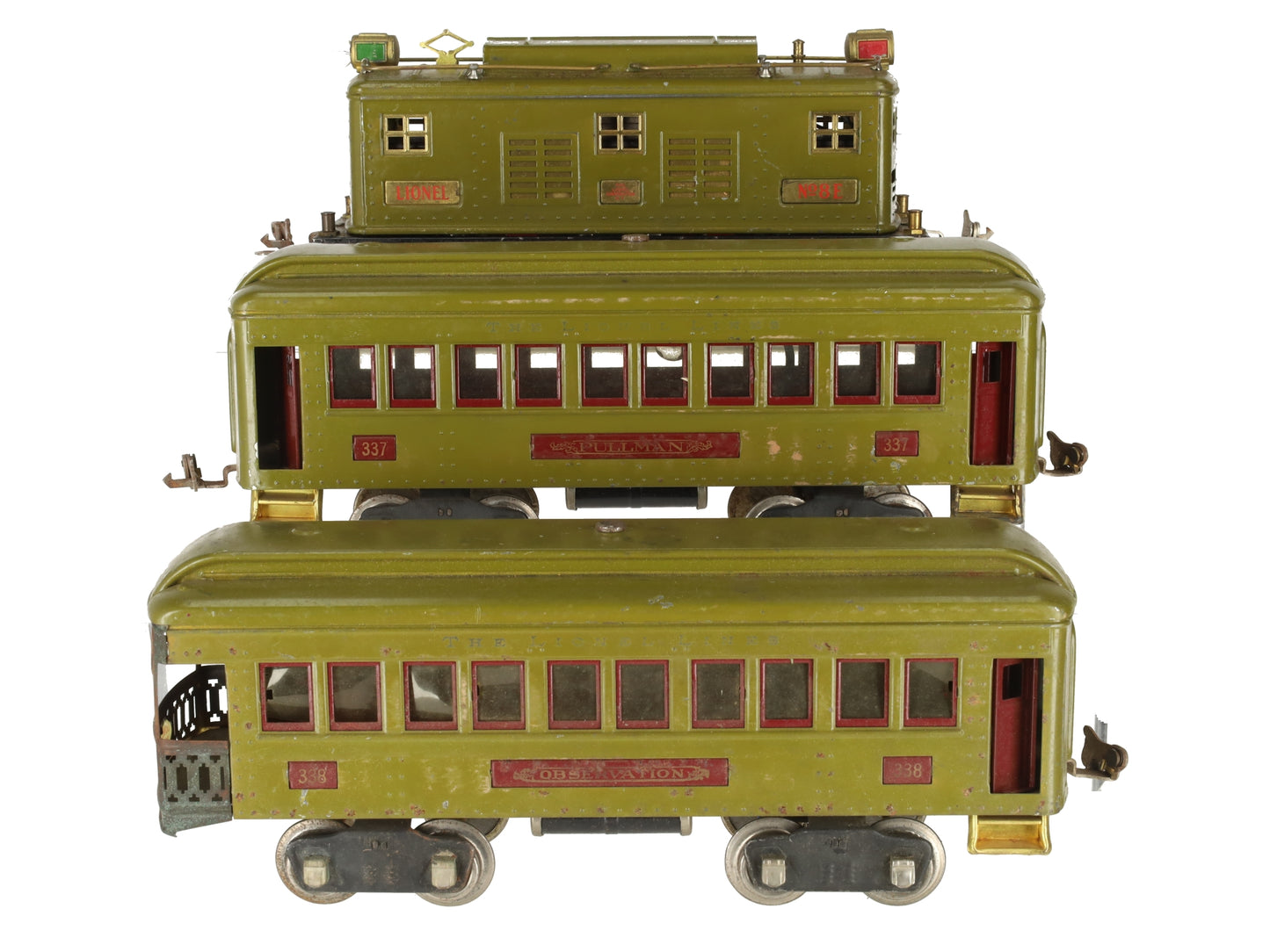 Lionel 8E Vintage Standard Olive 0-4-0 Electric Loco w/ Passenger Cars 337 & 338 VG