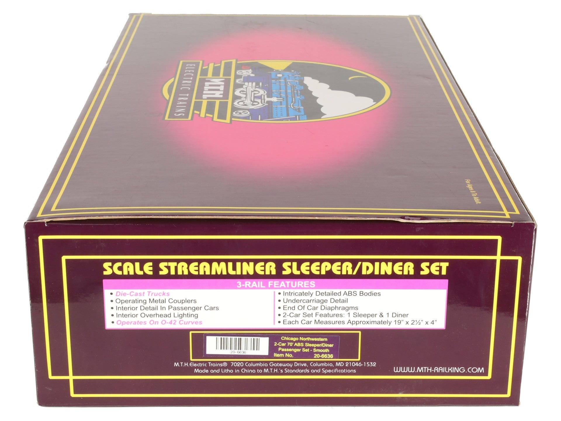 MTH 20-6636 O Gauge C&NW 70' Streamlined Sleeper/Diner Passenger Car Set EX/Box