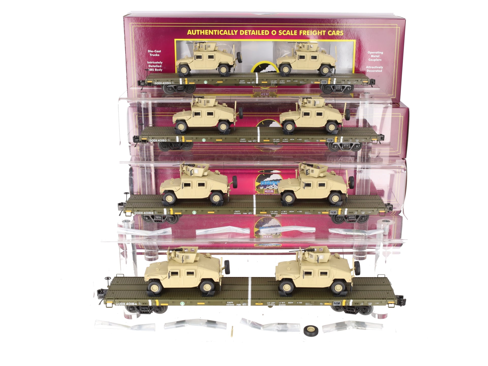 MTH 20-92274 O U.S. Army 4-Car 60' Flat Car Set w/(2) Humvee Vehicles EX/Box