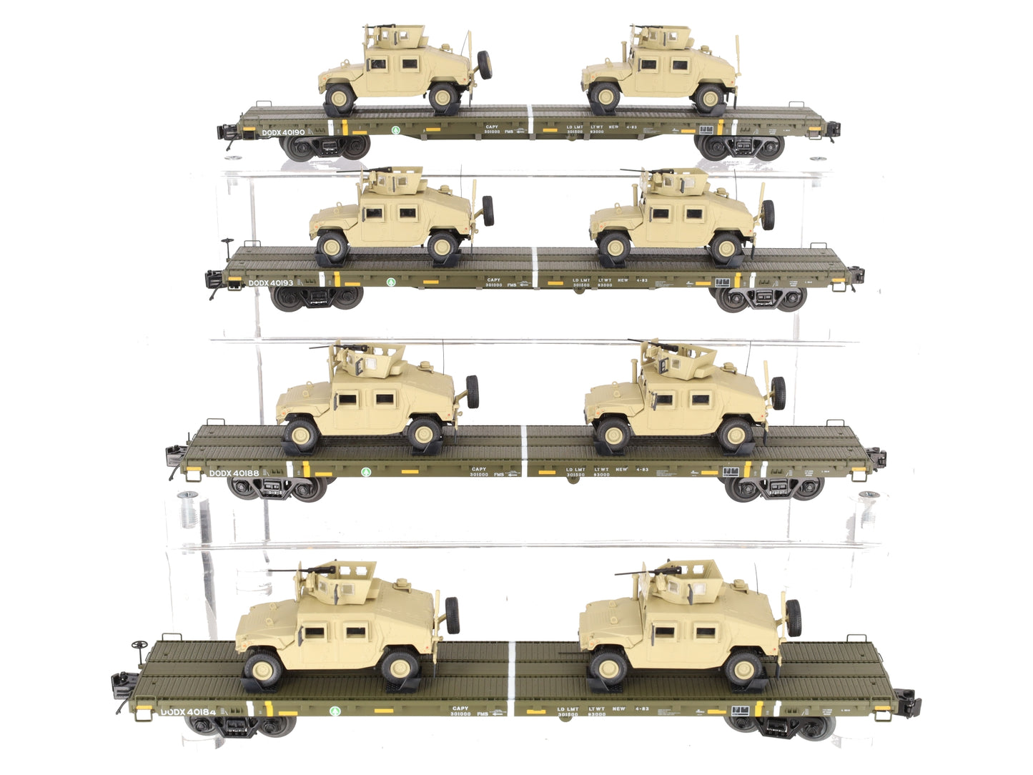 MTH 20-92274 O U.S. Army 4-Car 60' Flat Car Set w/(2) Humvee Vehicles EX/Box