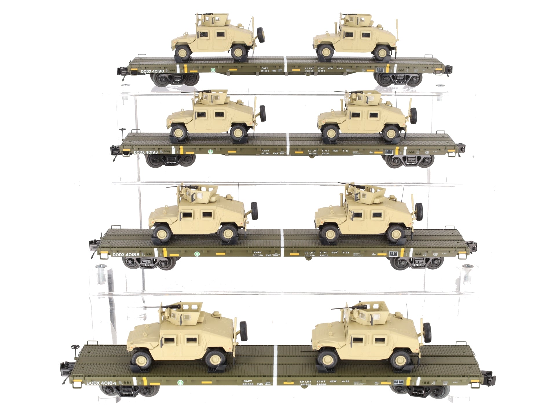 MTH 20-92274 O U.S. Army 4-Car 60' Flat Car Set w/(2) Humvee Vehicles EX/Box