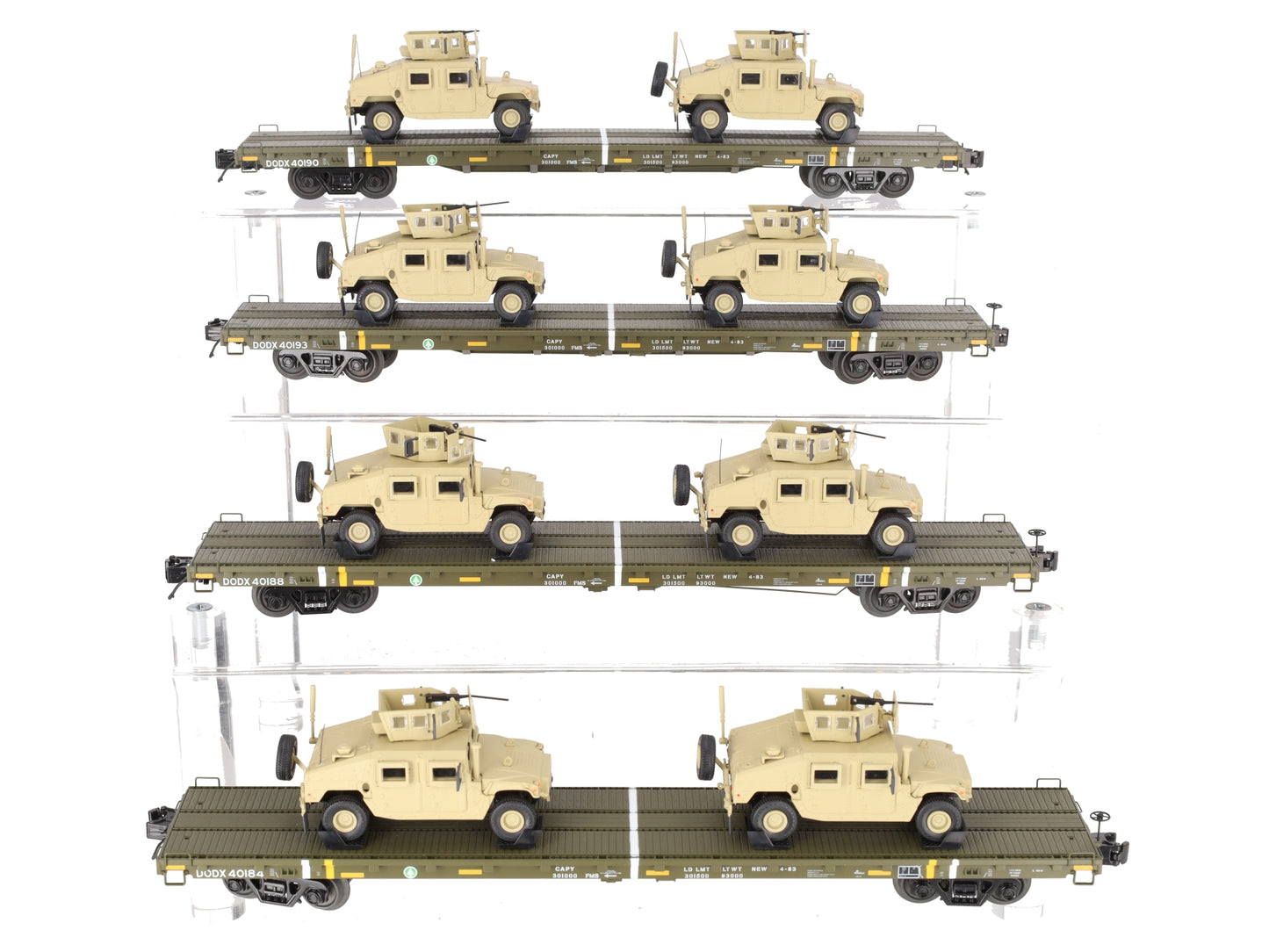 MTH 20-92274 O U.S. Army 4-Car 60' Flat Car Set w/(2) Humvee Vehicles EX/Box