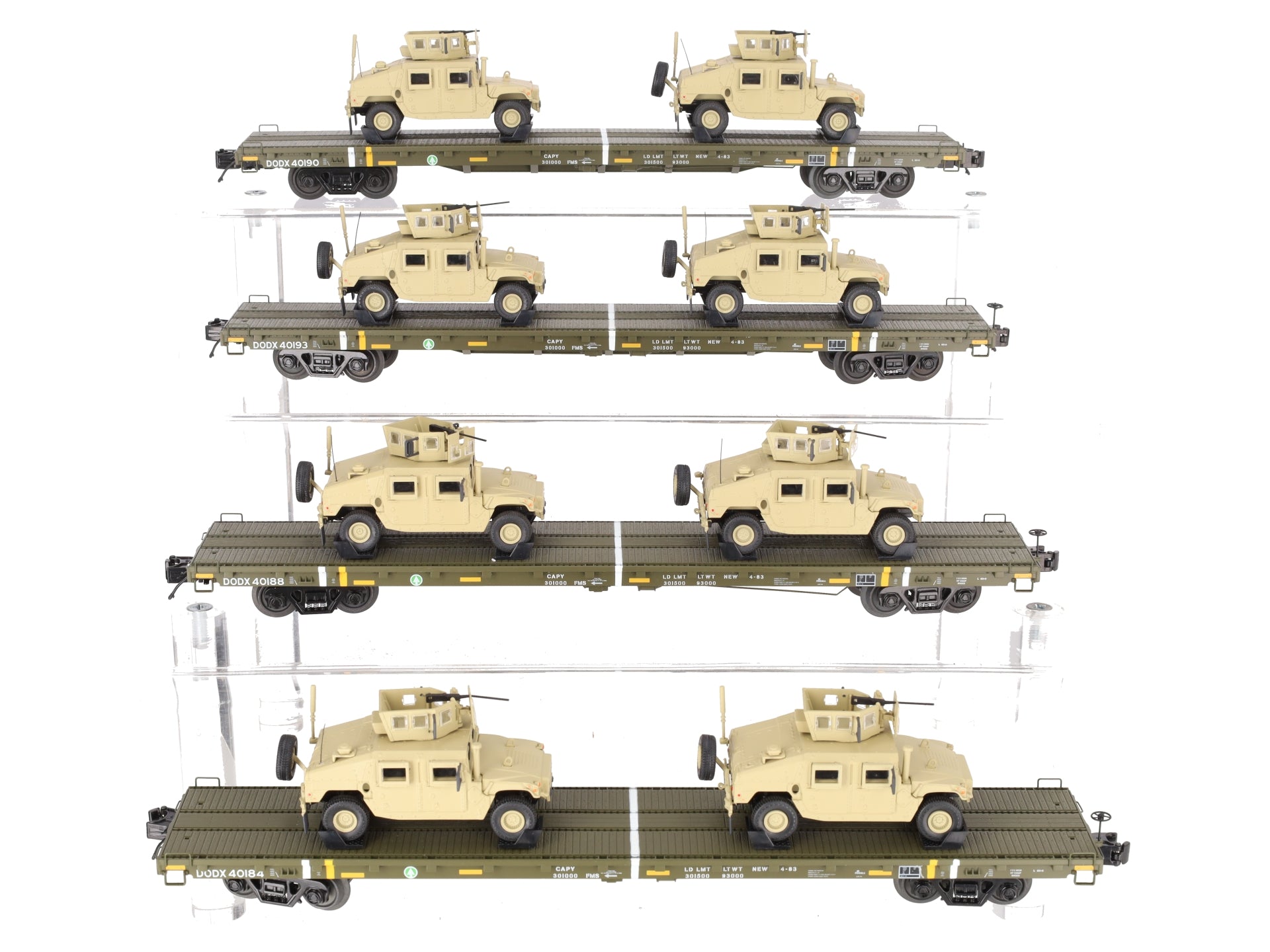 MTH 20-92274 O U.S. Army 4-Car 60' Flat Car Set w/(2) Humvee Vehicles EX/Box