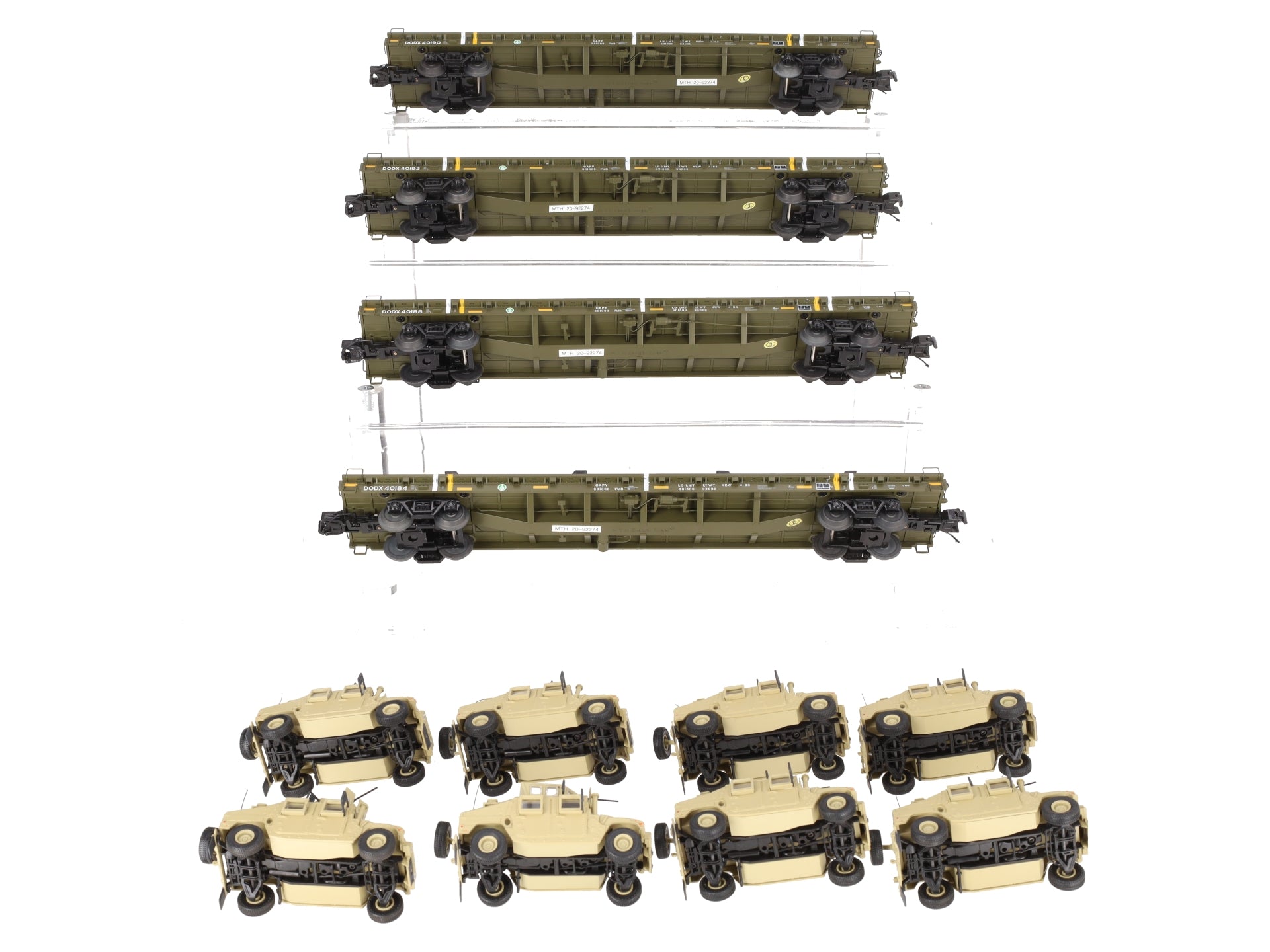 MTH 20-92274 O U.S. Army 4-Car 60' Flat Car Set w/(2) Humvee Vehicles EX/Box