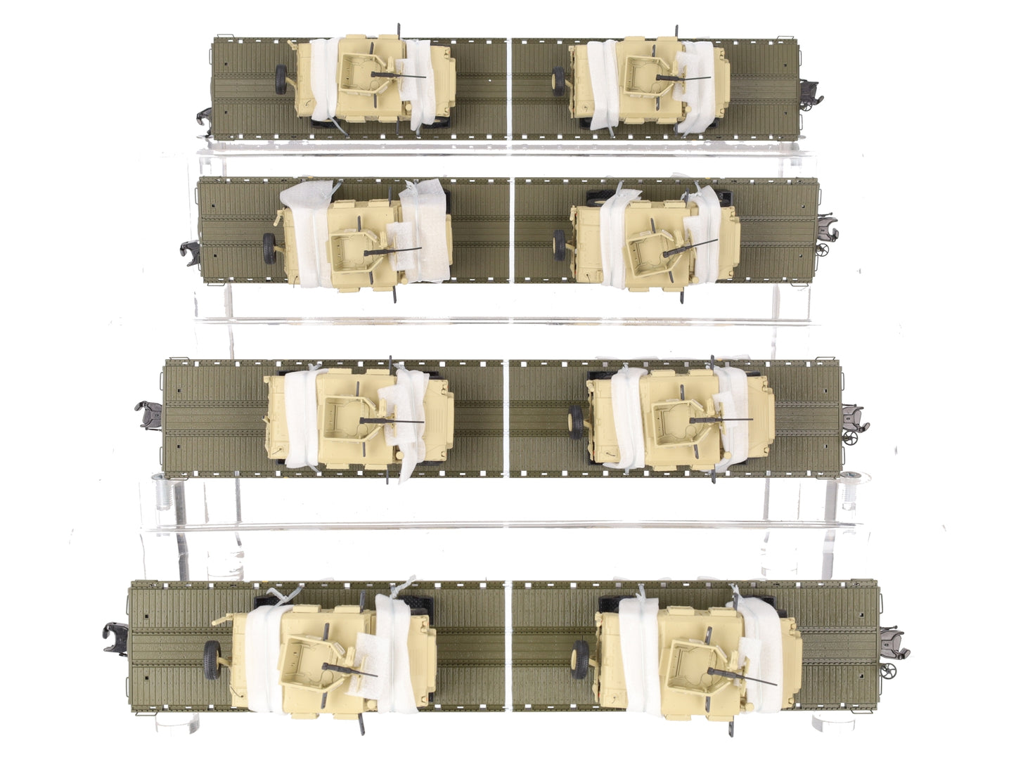 MTH 20-92275 O Gauge U.S. Army 4-Car 60' Flat Car Set w/(2) Humvee Vehicles EX/Box