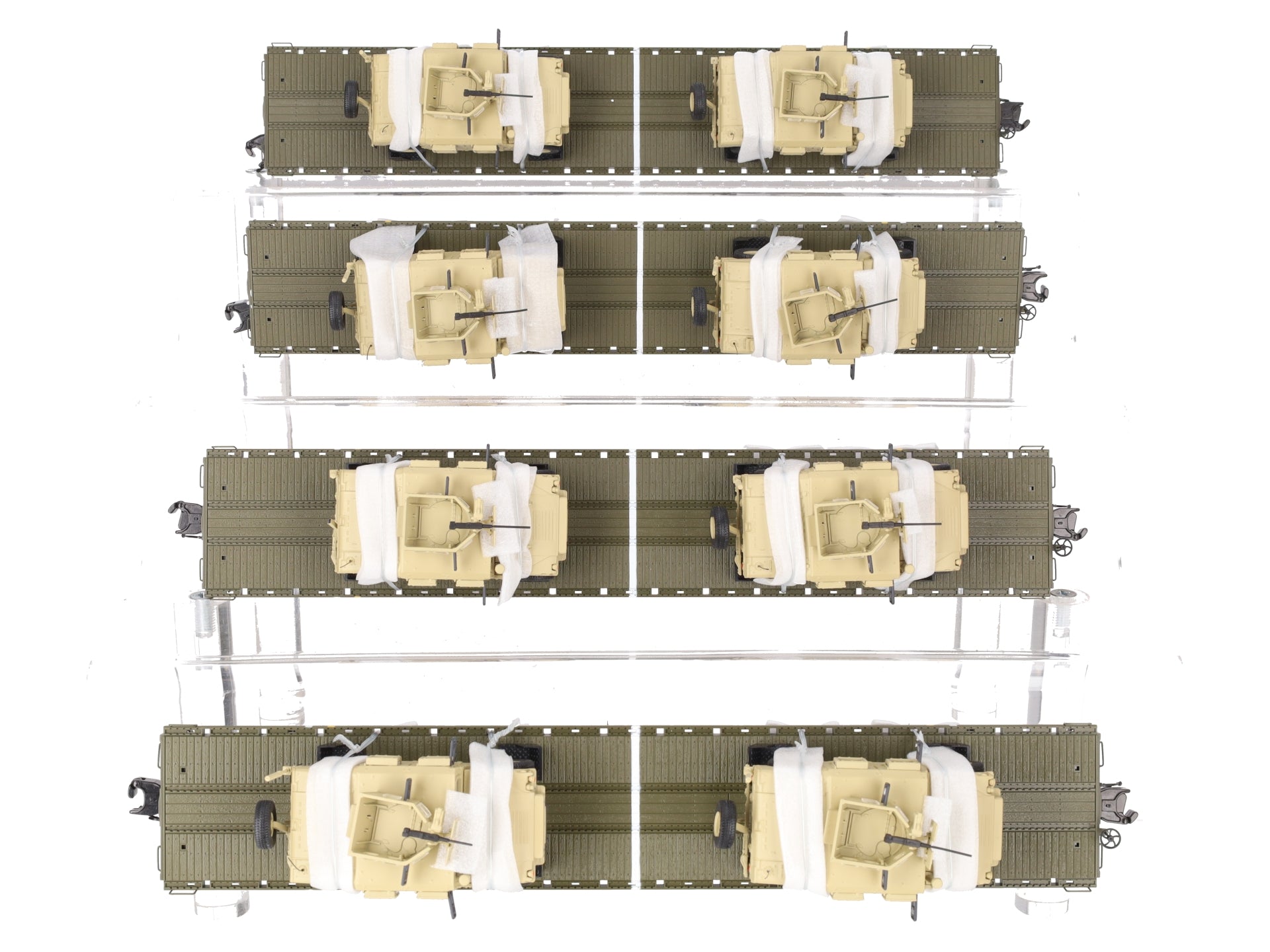 MTH 20-92275 O Gauge U.S. Army 4-Car 60' Flat Car Set w/(2) Humvee Vehicles EX/Box