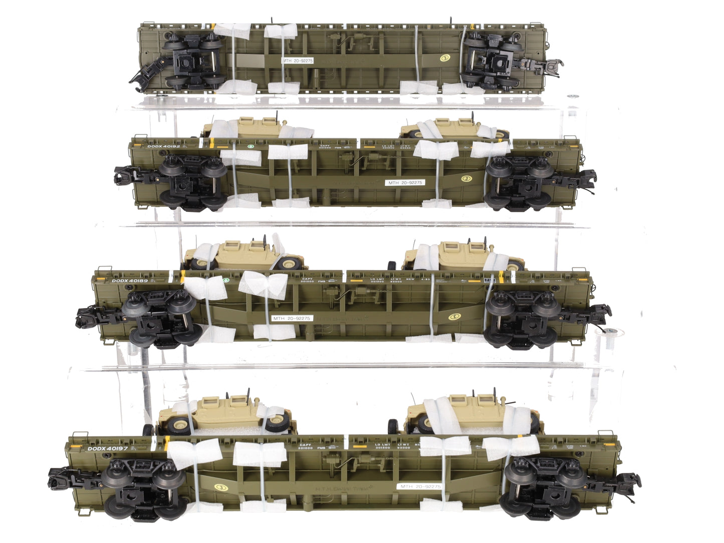 MTH 20-92275 O Gauge U.S. Army 4-Car 60' Flat Car Set w/(2) Humvee Vehicles EX/Box