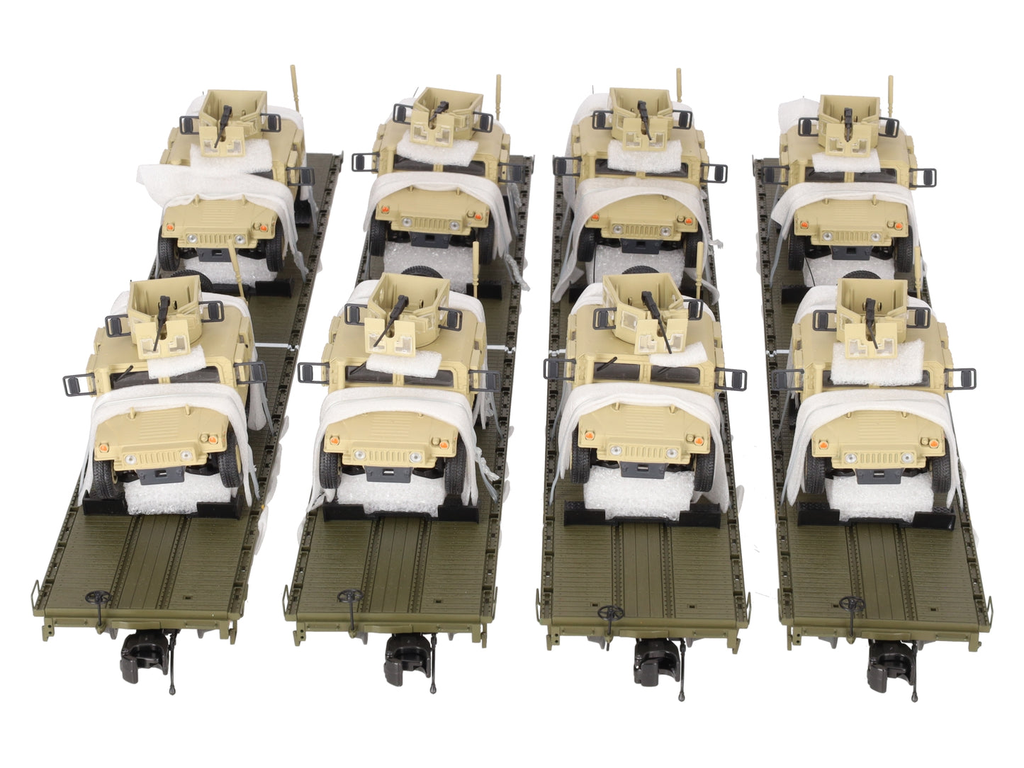 MTH 20-92275 O Gauge U.S. Army 4-Car 60' Flat Car Set w/(2) Humvee Vehicles EX/Box