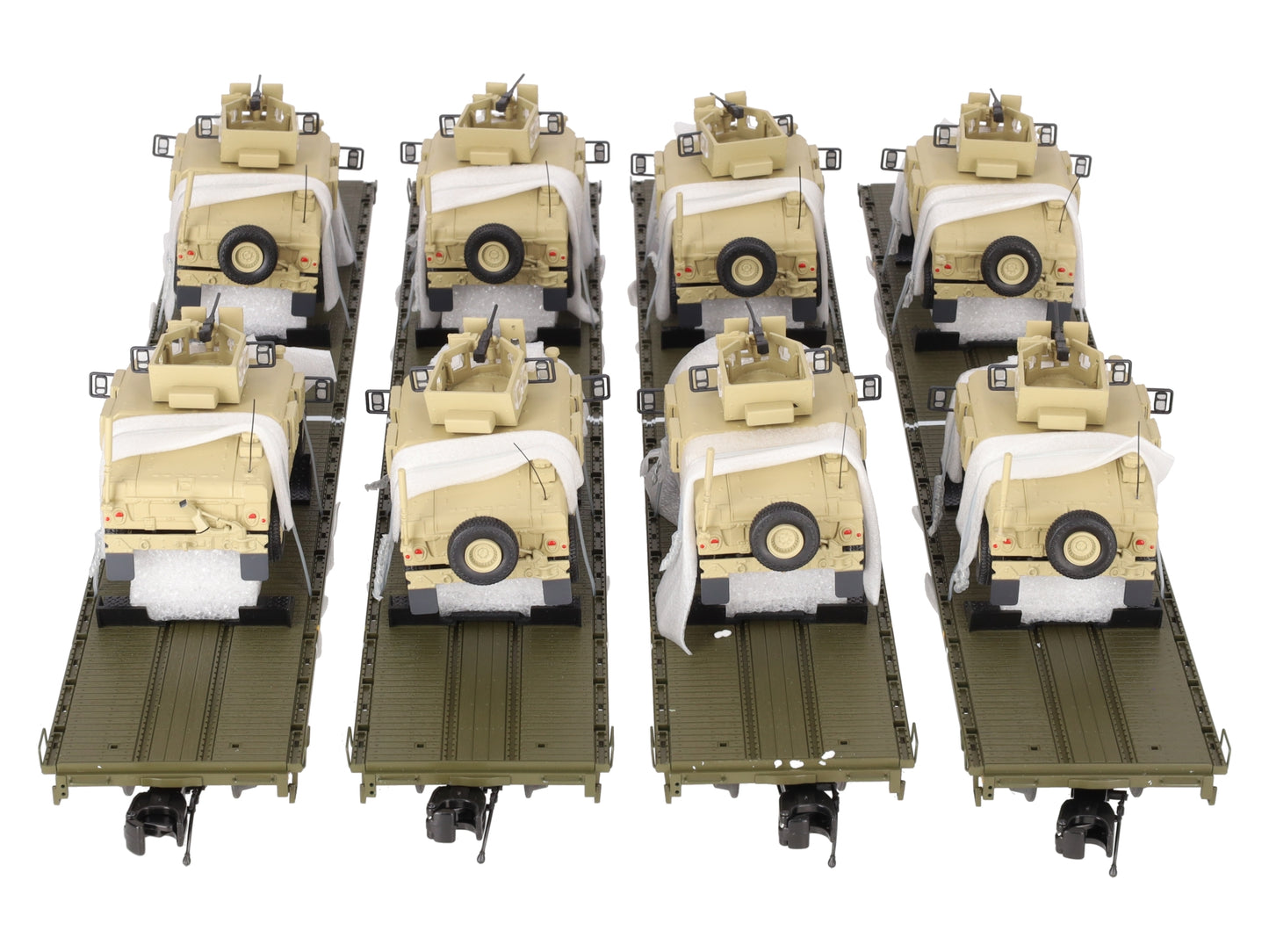 MTH 20-92275 O Gauge U.S. Army 4-Car 60' Flat Car Set w/(2) Humvee Vehicles EX/Box