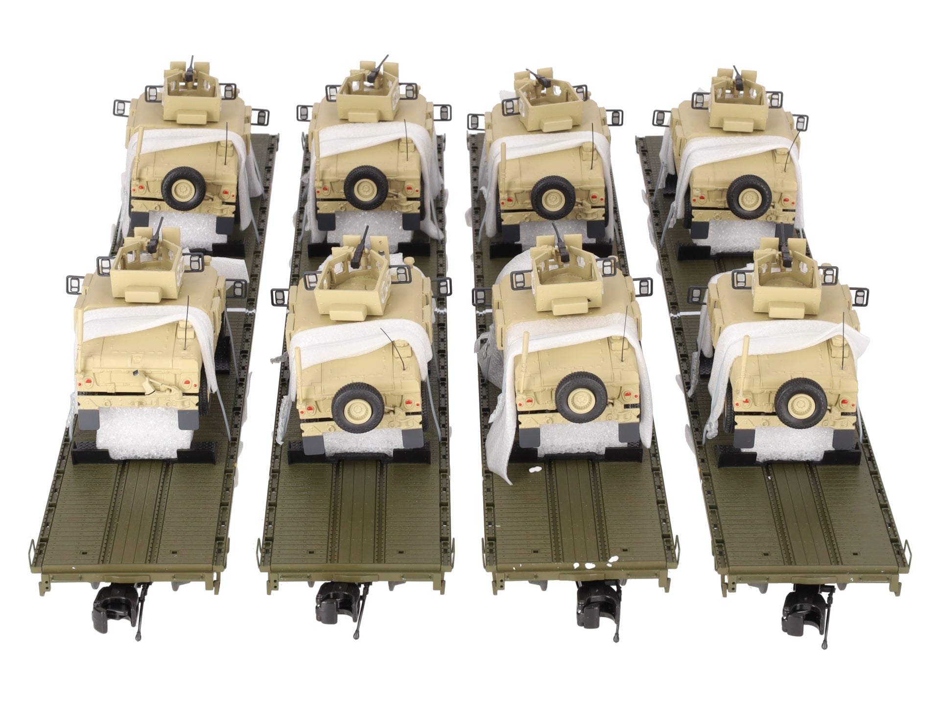 MTH 20-92275 O Gauge U.S. Army 4-Car 60' Flat Car Set w/(2) Humvee Vehicles EX/Box