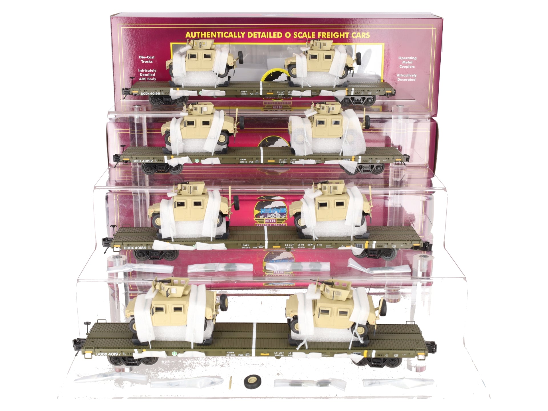 MTH 20-92275 O Gauge U.S. Army 4-Car 60' Flat Car Set w/(2) Humvee Vehicles EX/Box