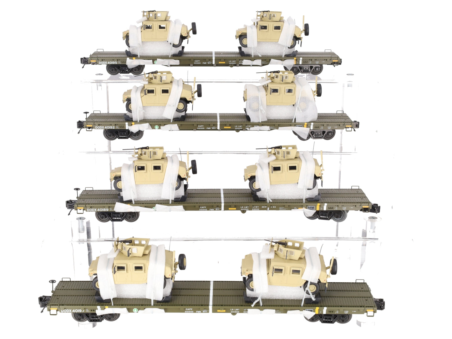 MTH 20-92275 O Gauge U.S. Army 4-Car 60' Flat Car Set w/(2) Humvee Vehicles EX/Box