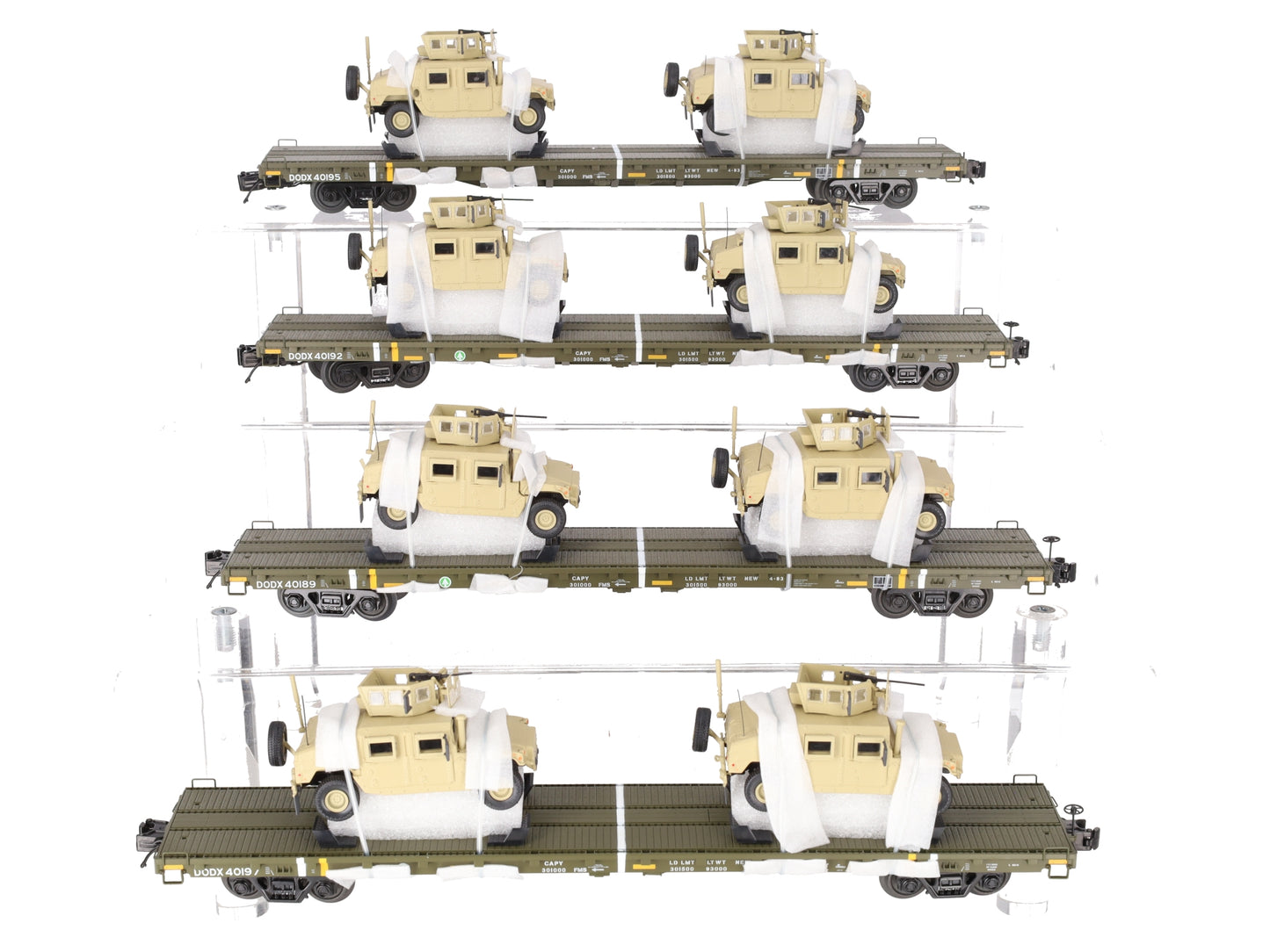 MTH 20-92275 O Gauge U.S. Army 4-Car 60' Flat Car Set w/(2) Humvee Vehicles EX/Box