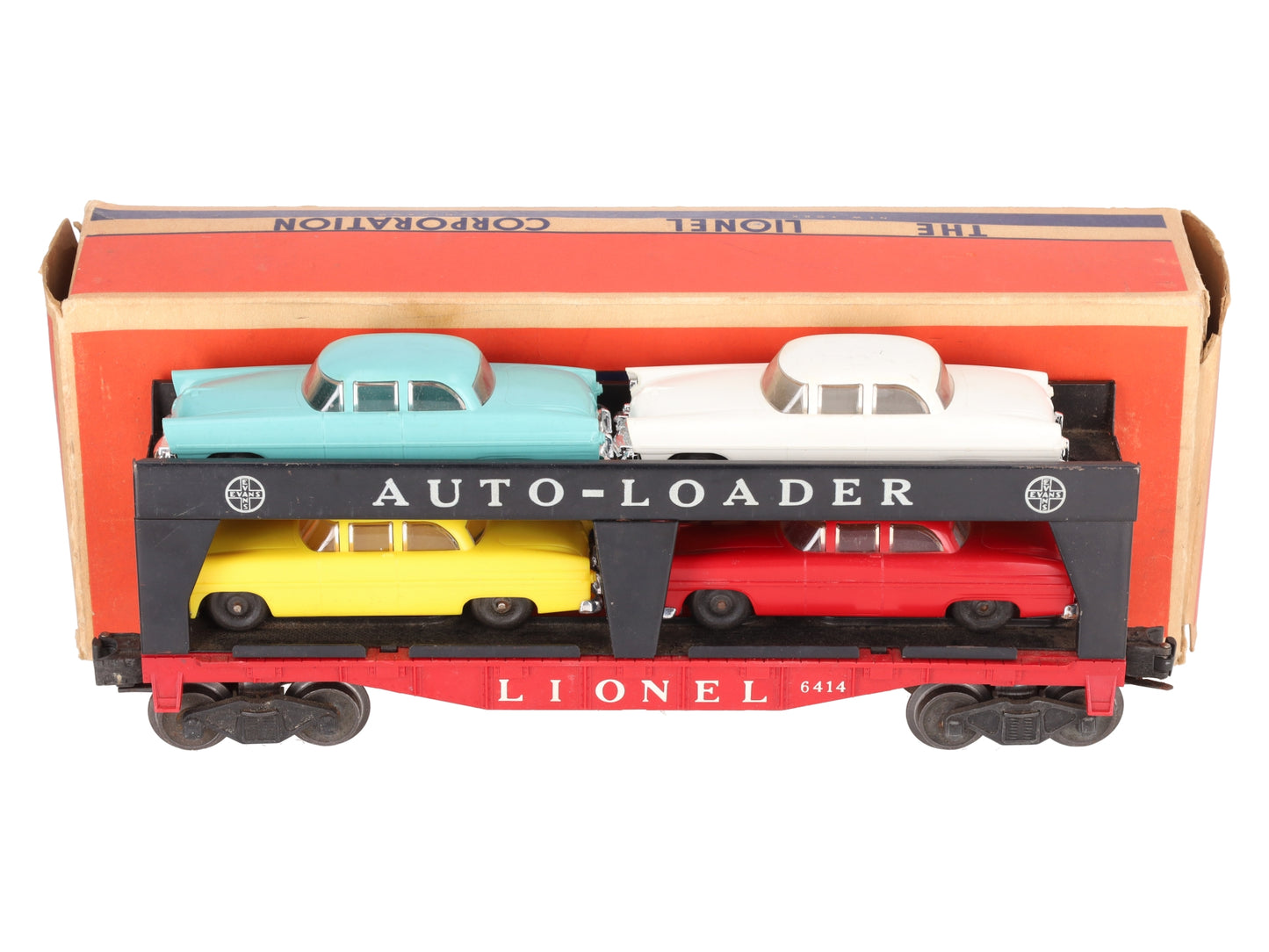 Lionel 6414 Vintage O Gauge Postwar Evans Autoloader with 4 Automobiles VG/Box