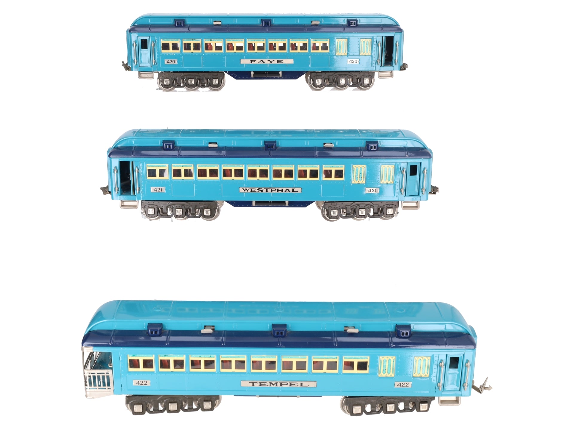 MTH 11-40040 Std.Gauge Two Tone Blue Comet Nickel Trim Passenger Set (Set of 3) EX