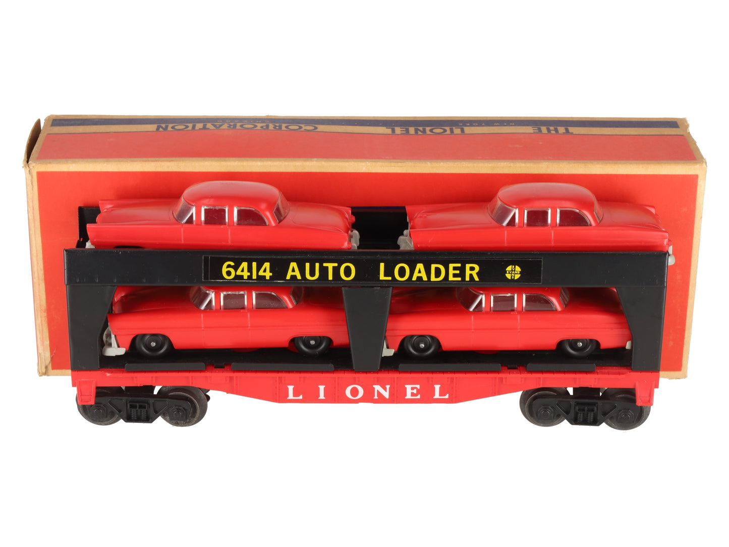 Lionel 6414 Vintage O Glen Uhl Evans Autoloader with 4 Red Sedans EX/Box