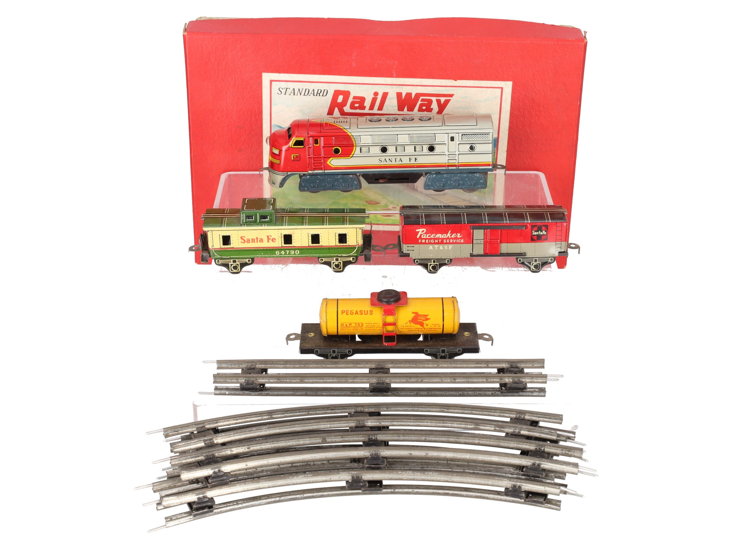 Sakai HO Vintage Lithographed Tinplate ATSF Diesel Locomotive Freight Set VG/Box