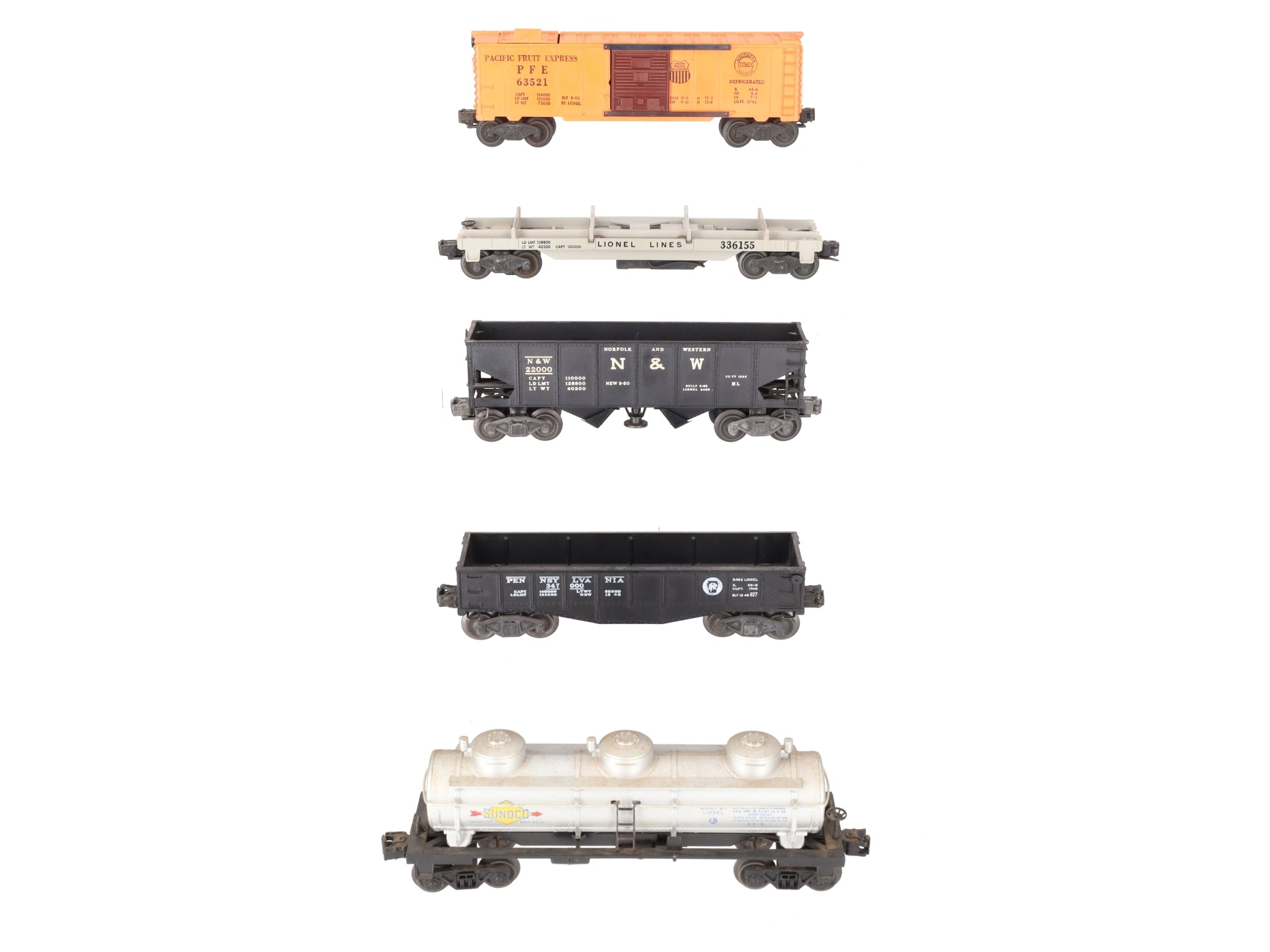 Lionel Vintage O Freight Cars: 6352, 3361-55, 3456, 6415, 2452 [5] VG
