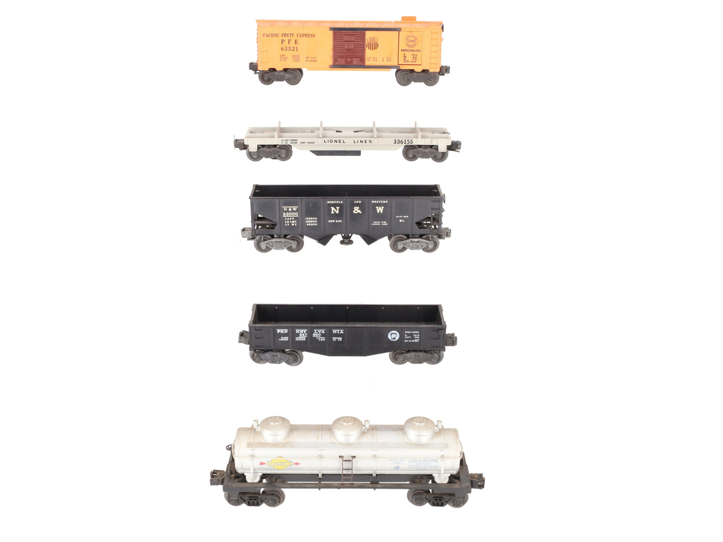 Lionel Vintage O Freight Cars: 6352, 3361-55, 3456, 6415, 2452 [5] VG