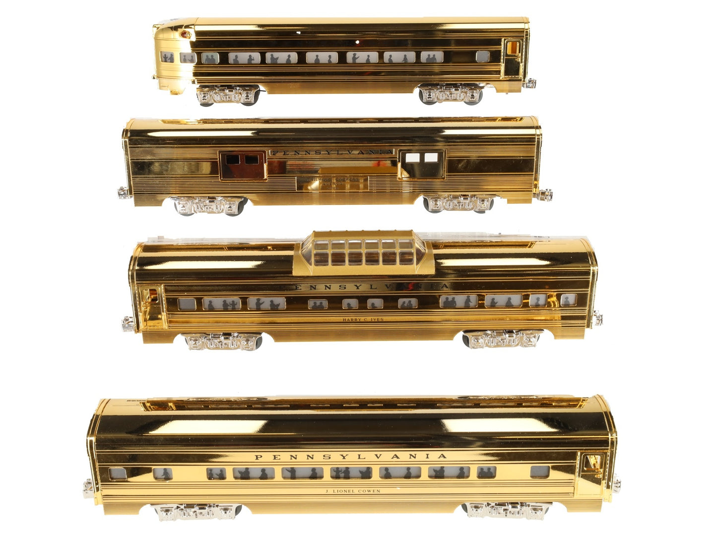 MTH 30-6707 O PRR 60' 18K Gold Plated Aluminum Passenger Car Set (Set of 4) EX/Box