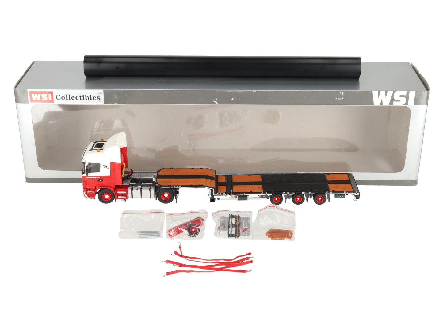 WSI 01-1145 1:50 Scale Wagenborg R Highline 4x2 Tractor, Semi-Low Loader w/ Pipe LN/Box