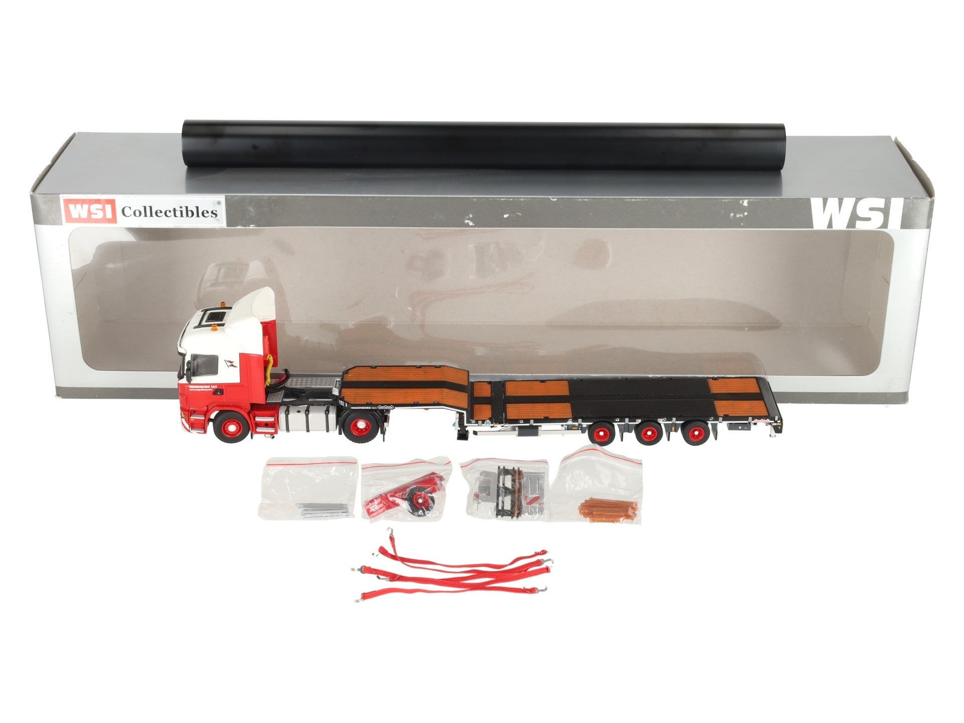 WSI 01-1145 1:50 Scale Wagenborg R Highline 4x2 Tractor, Semi-Low Loader w/ Pipe LN/Box