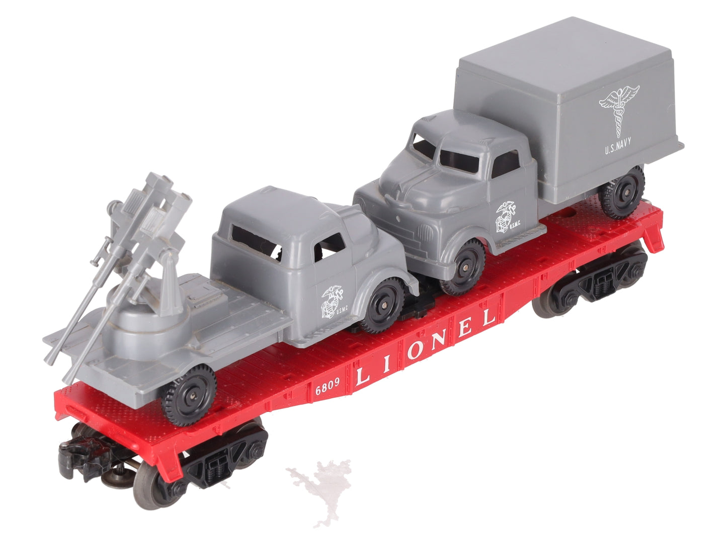 Lionel 6809 Vintage O Flatcar w/USMC AA Gun Truck & Medical Box Truck EX