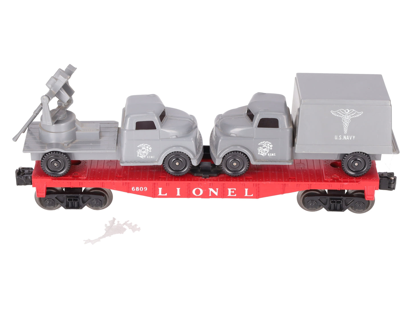 Lionel 6809 Vintage O Flatcar w/USMC AA Gun Truck & Medical Box Truck EX