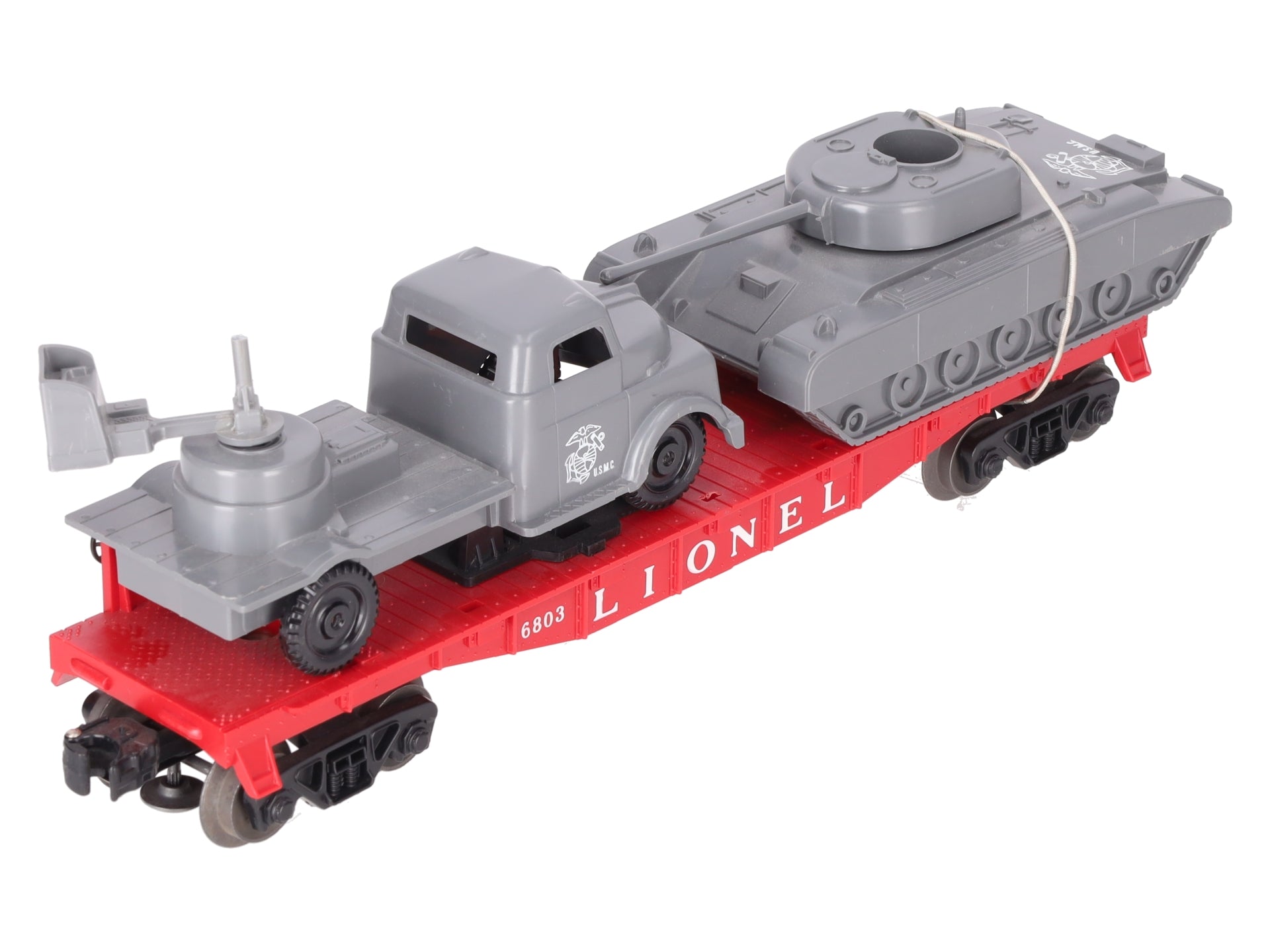 Lionel 6803 Vintage O Flatcar w/ USMC Tank & Sound Truck VG