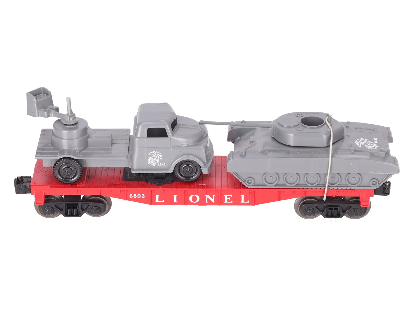 Lionel 6803 Vintage O Flatcar w/ USMC Tank & Sound Truck VG