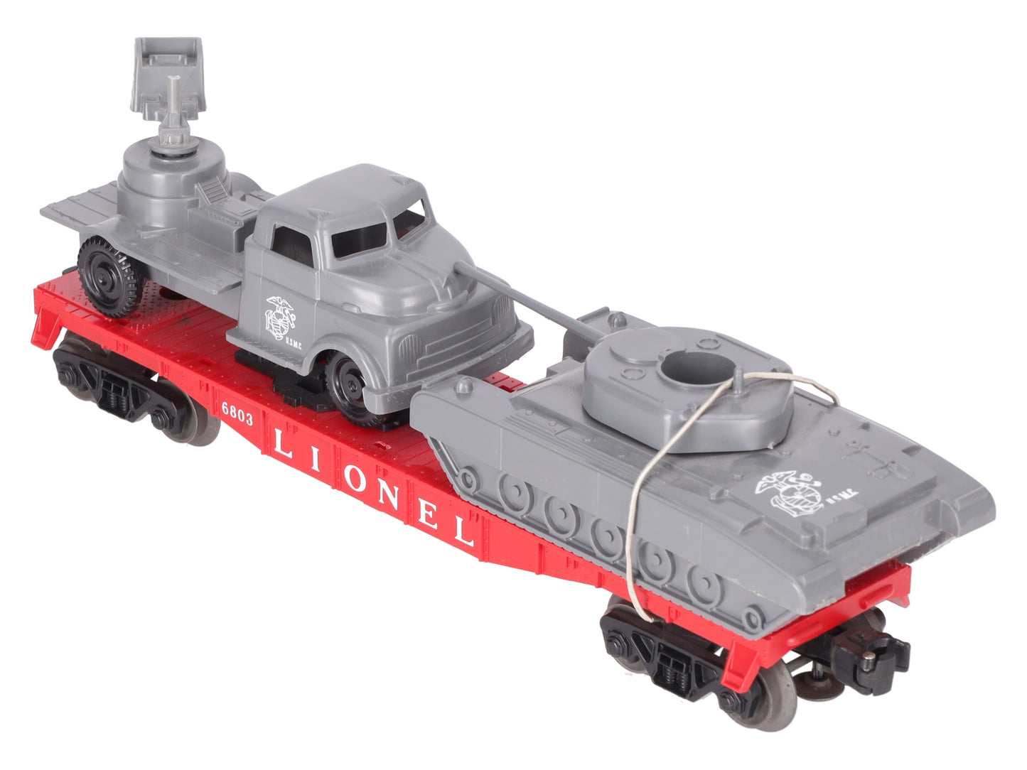 Lionel 6803 Vintage O Flatcar w/ USMC Tank & Sound Truck VG
