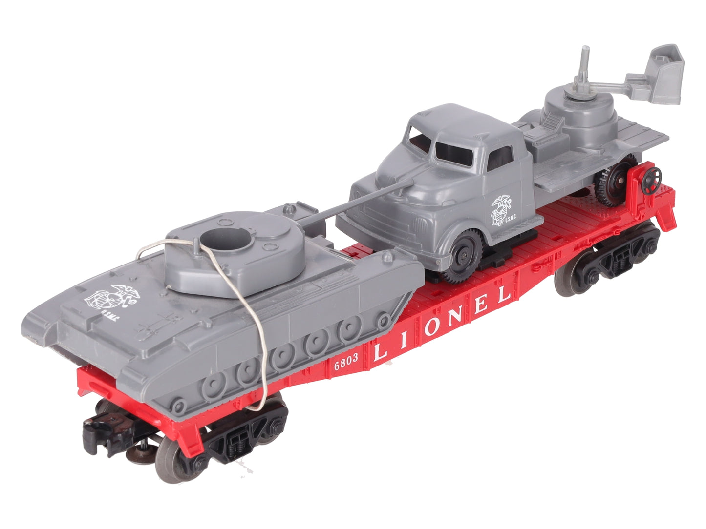 Lionel 6803 Vintage O Flatcar w/ USMC Tank & Sound Truck VG