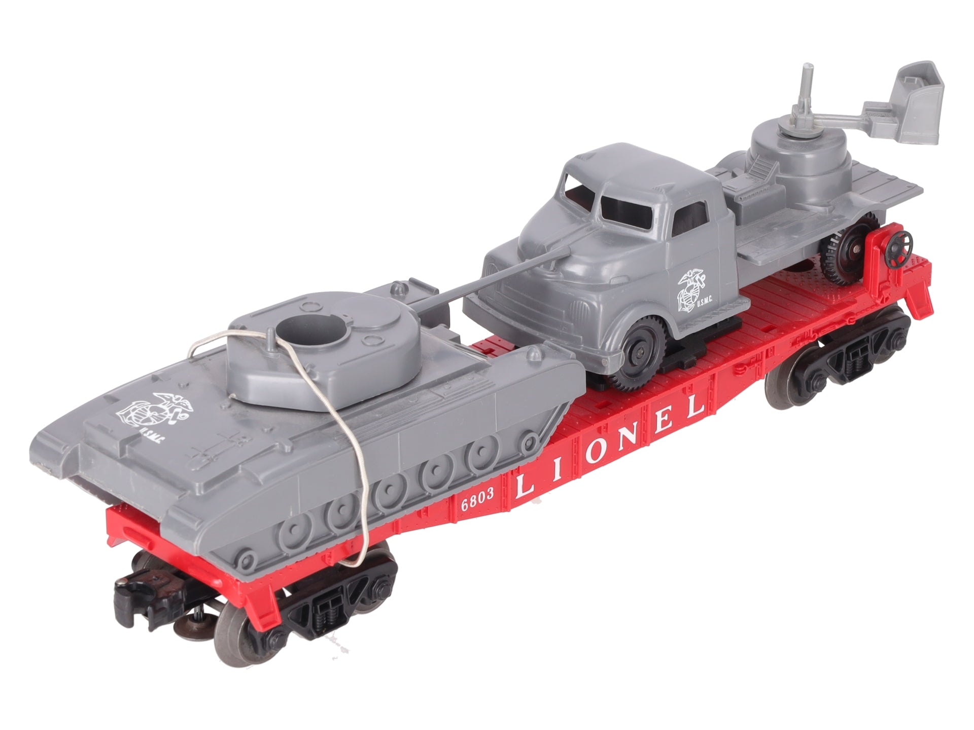 Lionel 6803 Vintage O Flatcar w/ USMC Tank & Sound Truck VG