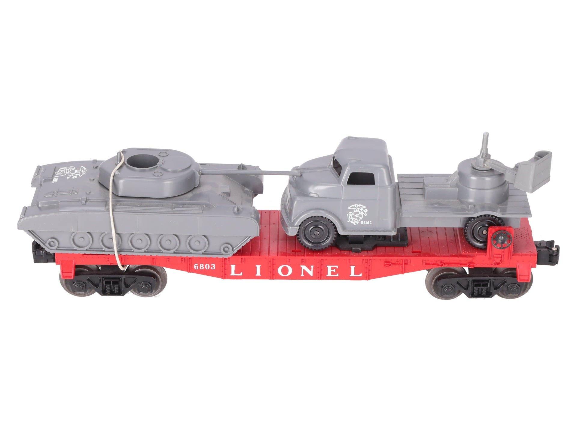 Lionel 6803 Vintage O Flatcar w/ USMC Tank & Sound Truck VG