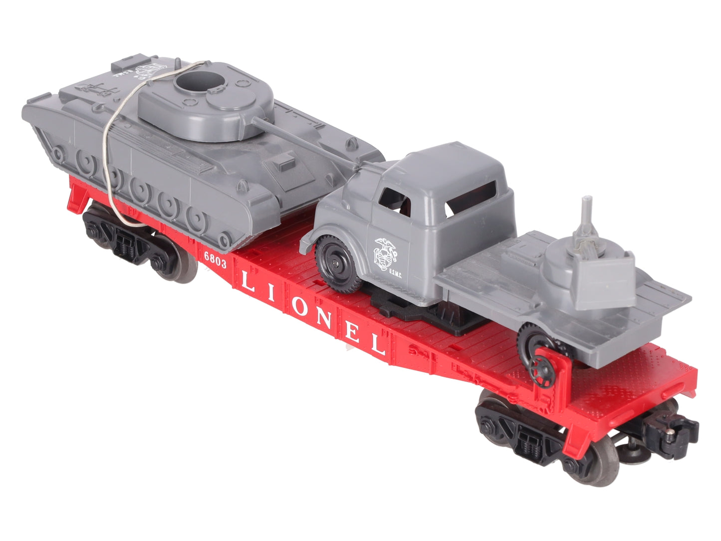 Lionel 6803 Vintage O Flatcar w/ USMC Tank & Sound Truck VG