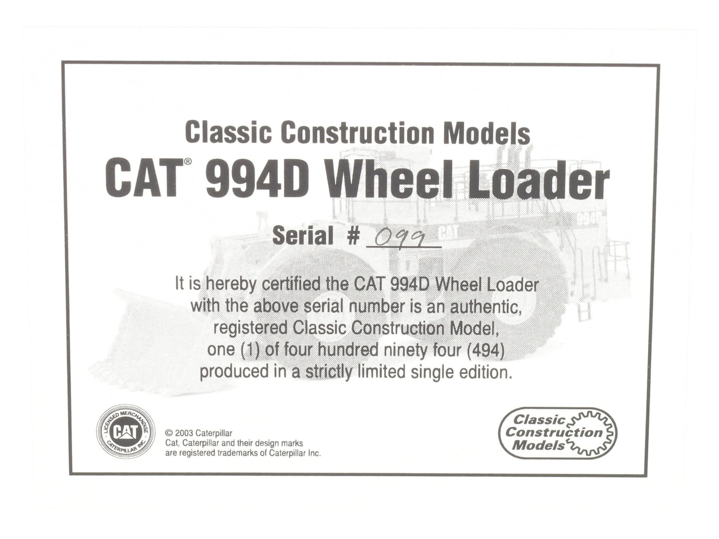 CCM 99 1:87 Scale Diecast CAT 994D Wheel Loader (White) NIB
